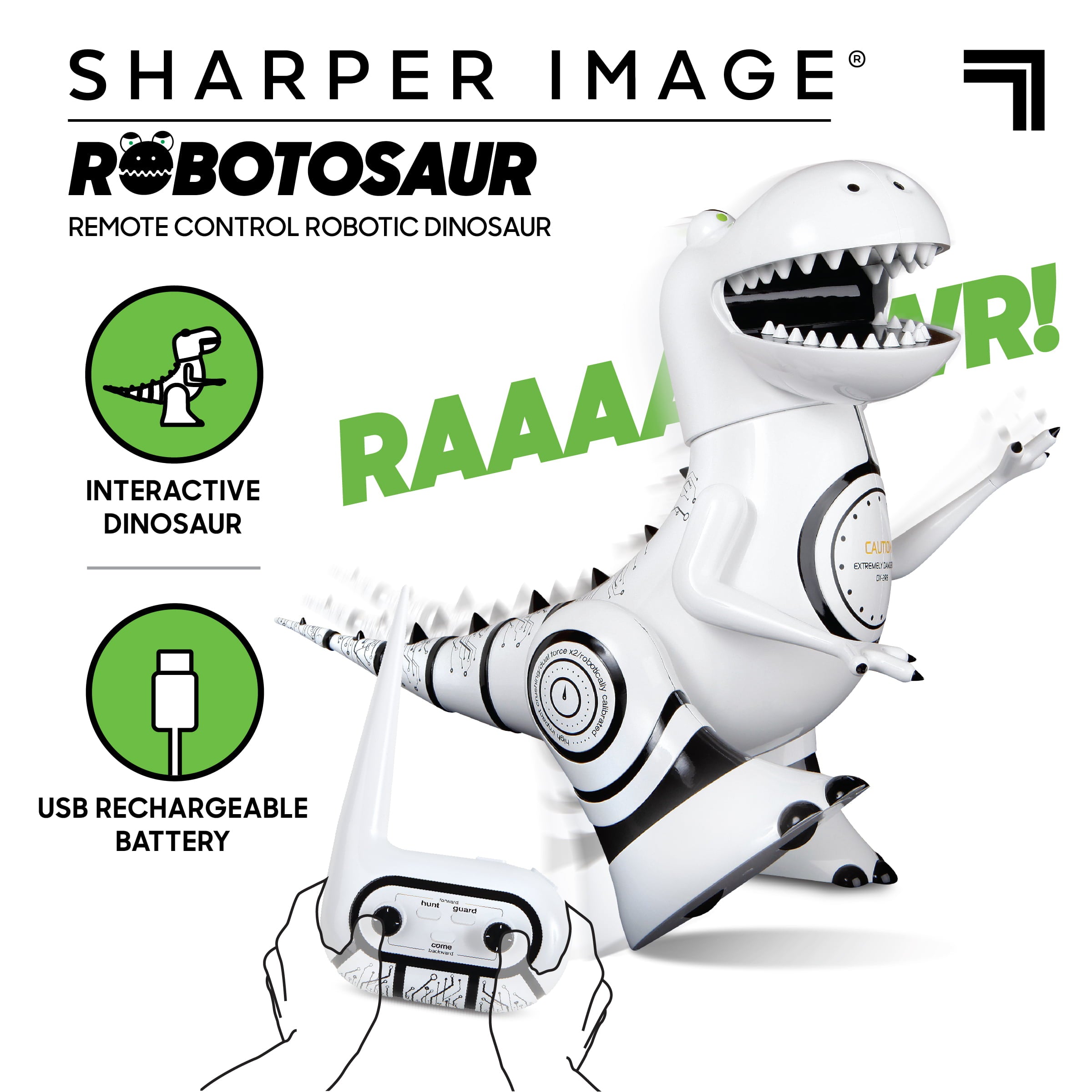 Sharper Image Interactive RC Robotosaur Dinosaur， Built-in Mood Sensors and Color-Changing LED Eyes， Motion Detection， Growls， Snores， Battery Operated- White/Black