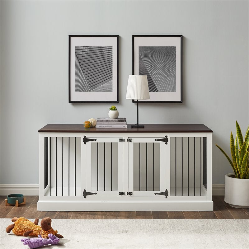 Bowery Hill Wood Medium Credenza Pet Crate in White/Brown Finish