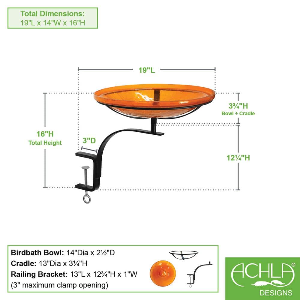 ACHLA DESIGNS 14 in. Dia， Mandarin Orange Reflective Crackle Glass Birdbath Bowl with Rail Mount Bracket CGB-14M-RM