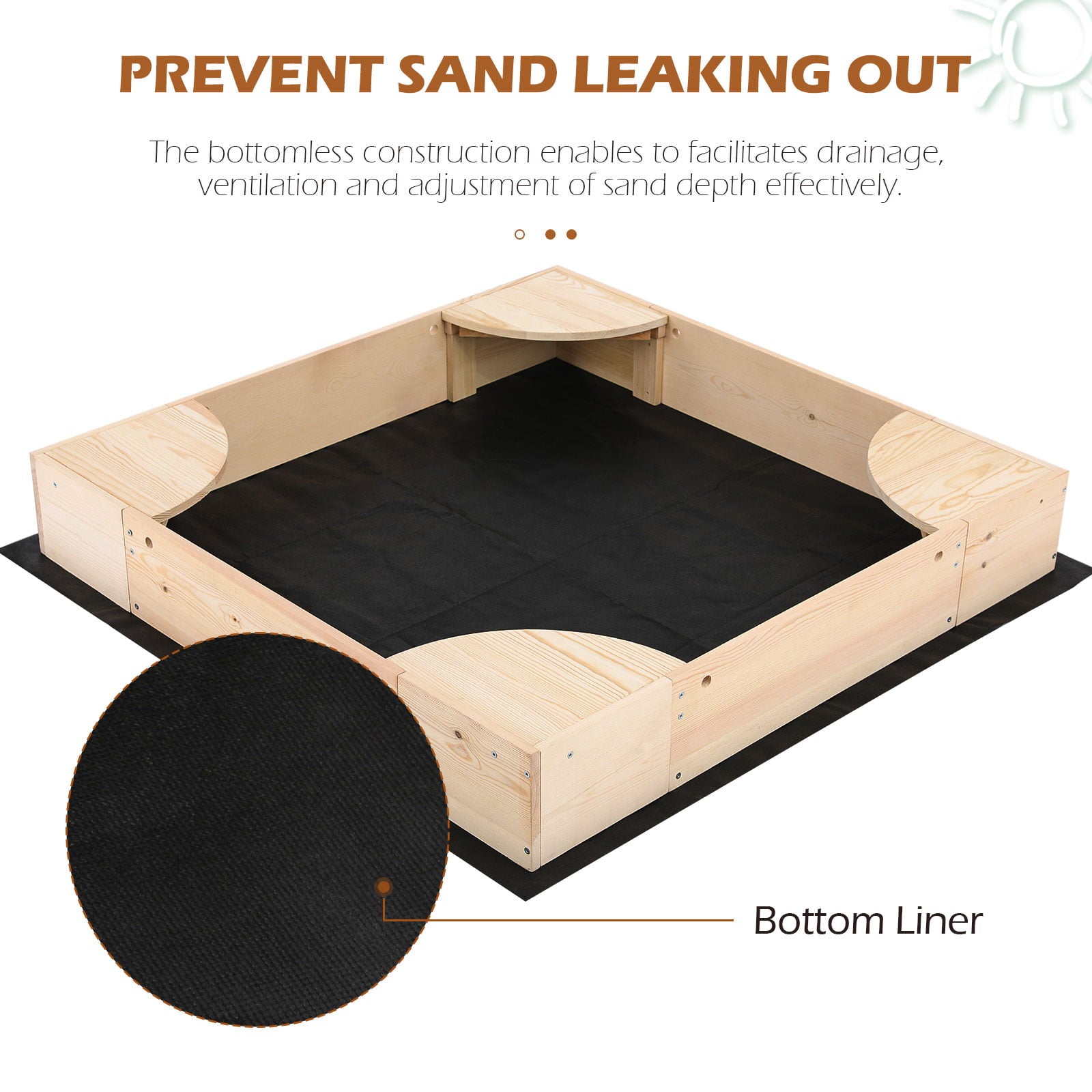 Increkid Kids Wooden Outdoor Sandbox with Cover， Built-in Corner Seats， Natural