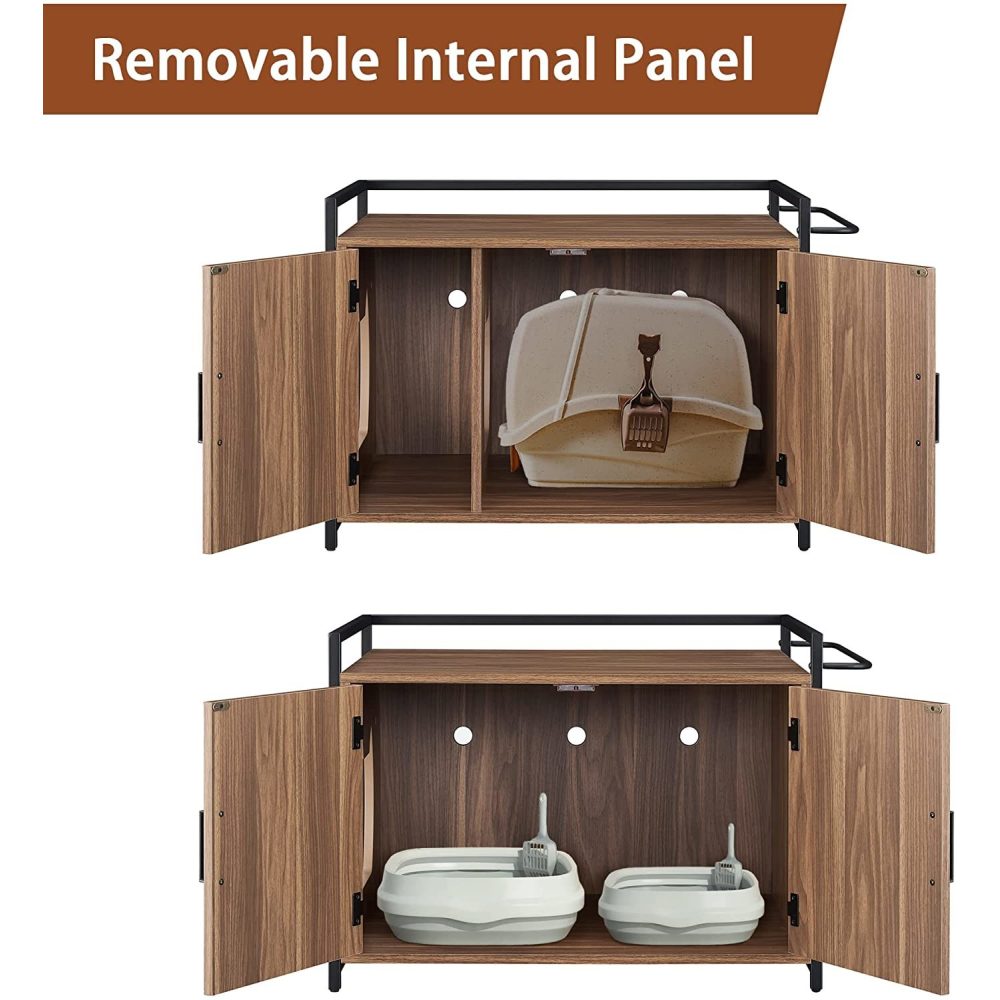 Penck Hidden Cat Litter Box Furniture with Ventilation and Bench Seat， Pet Crate with Iron and Wood Sturdy Structure