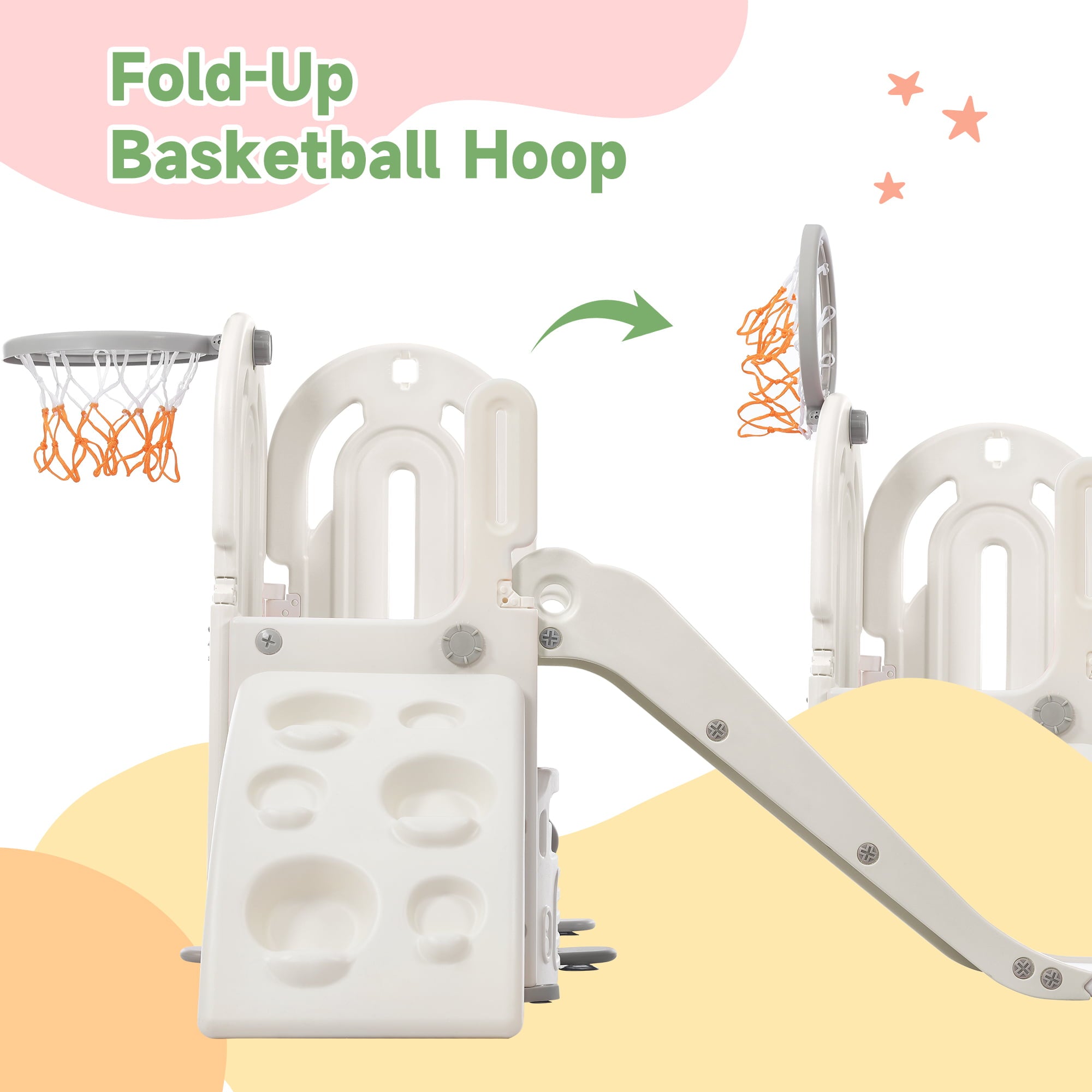 HDJ 4 In 1 Toddler Kids Slide and Climber Set，Kids Climber Slide Playset with Basketball Hoop for Indoor Outdoor，White
