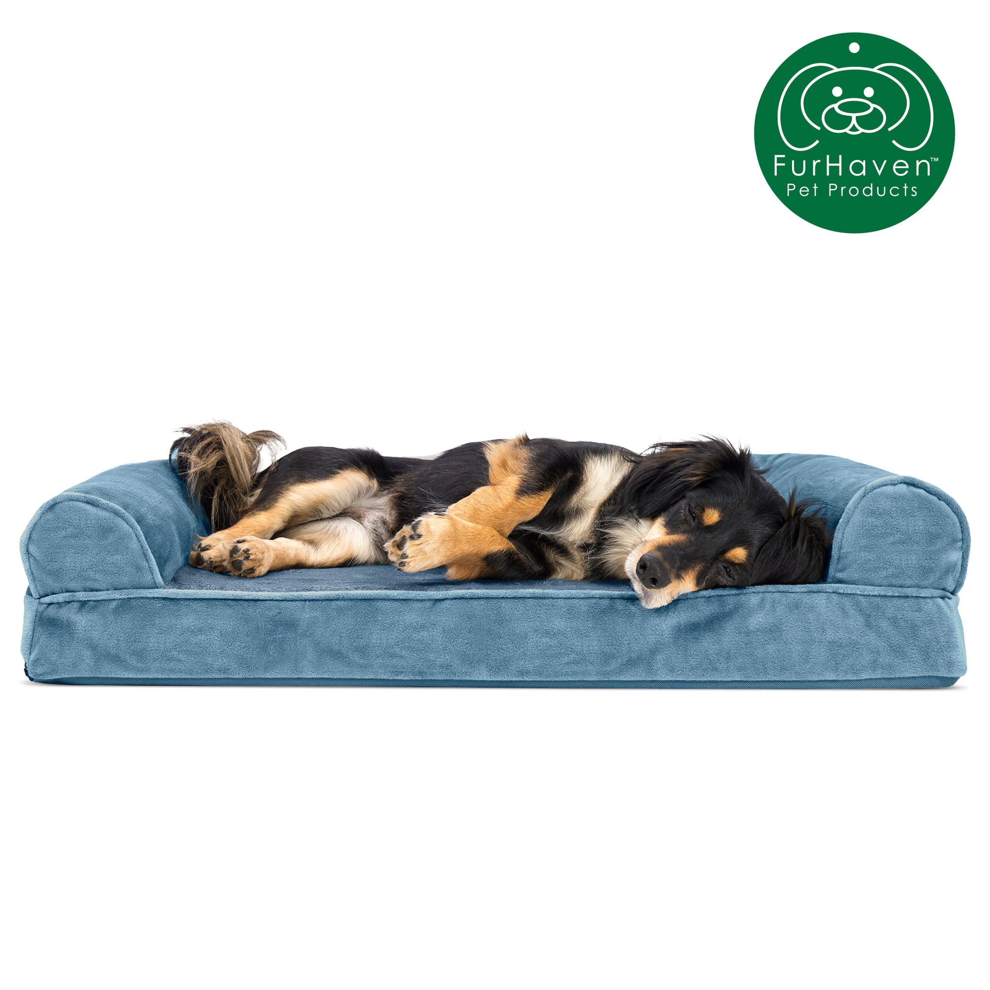 FurHaven | Orthopedic Faux Fur and Velvet Sofa Pet Bed for Dogs and Cats， Harbor Blue， Medium