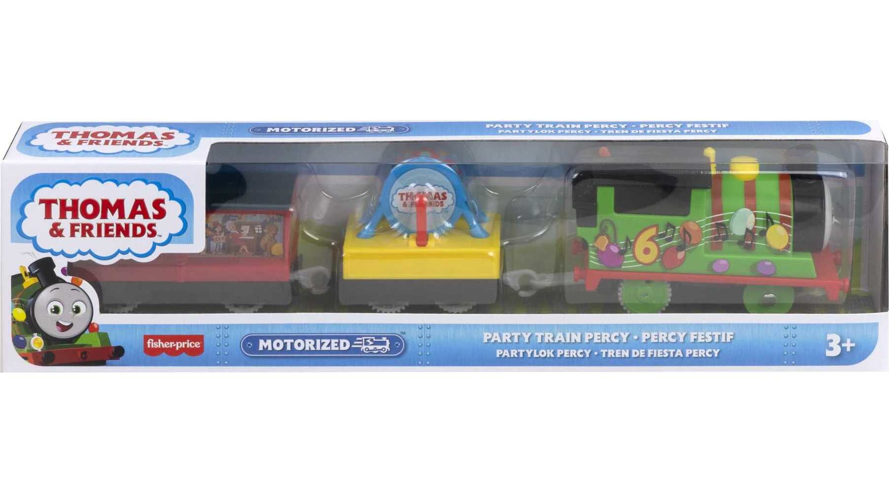 Thomas and Friends Party Train Percy Motorized Engine with Drum Cargo and Mail Car， 3 Pieces