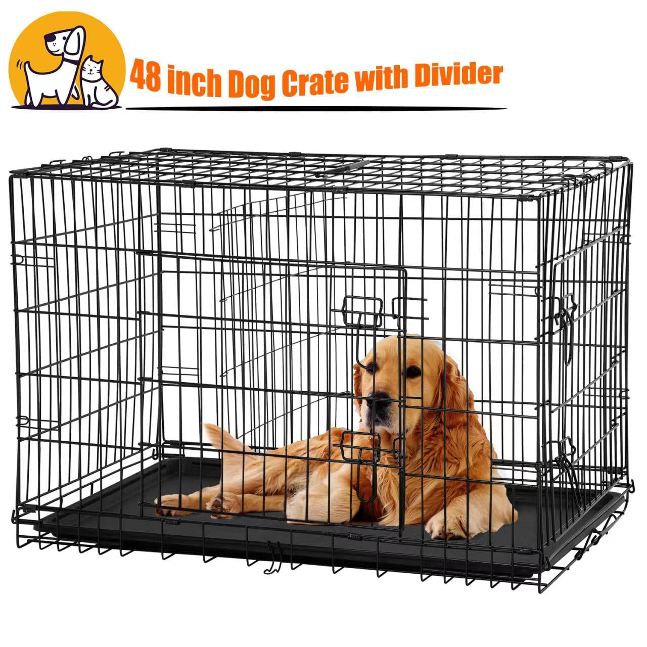 Large Dog Crate for Large Dogs，48 inch Dog Cage with Divider and Double Door for large Medium Small Dogs ，Indoor Outdoor Folding Wire Pet Dog Kennel with Tray and Handle，Black
