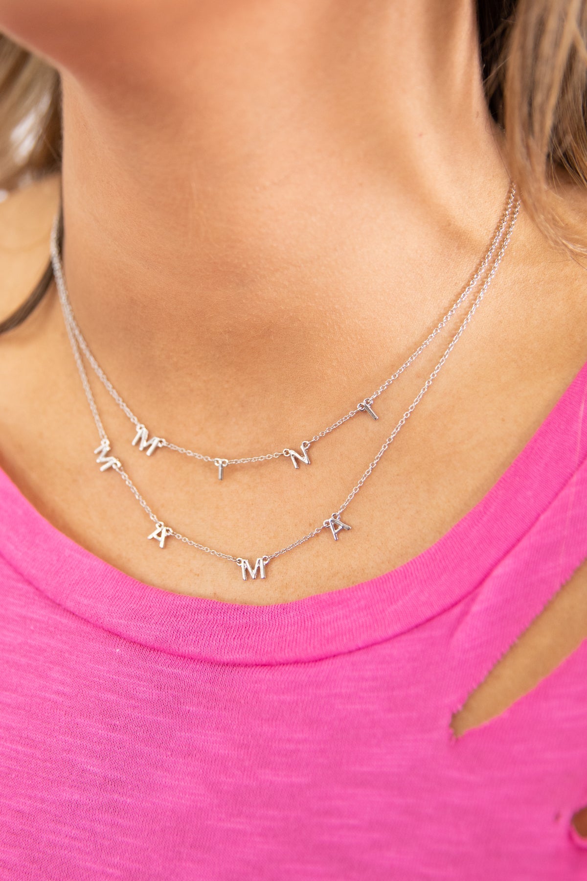 Silver Mama and Mini Charm Necklace Set
