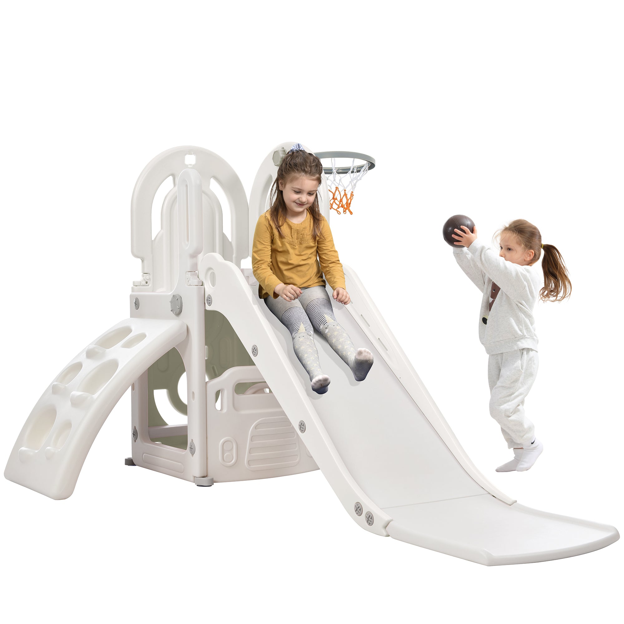 HDJ 4 In 1 Toddler Kids Slide and Climber Set，Kids Climber Slide Playset with Basketball Hoop for Indoor Outdoor，White