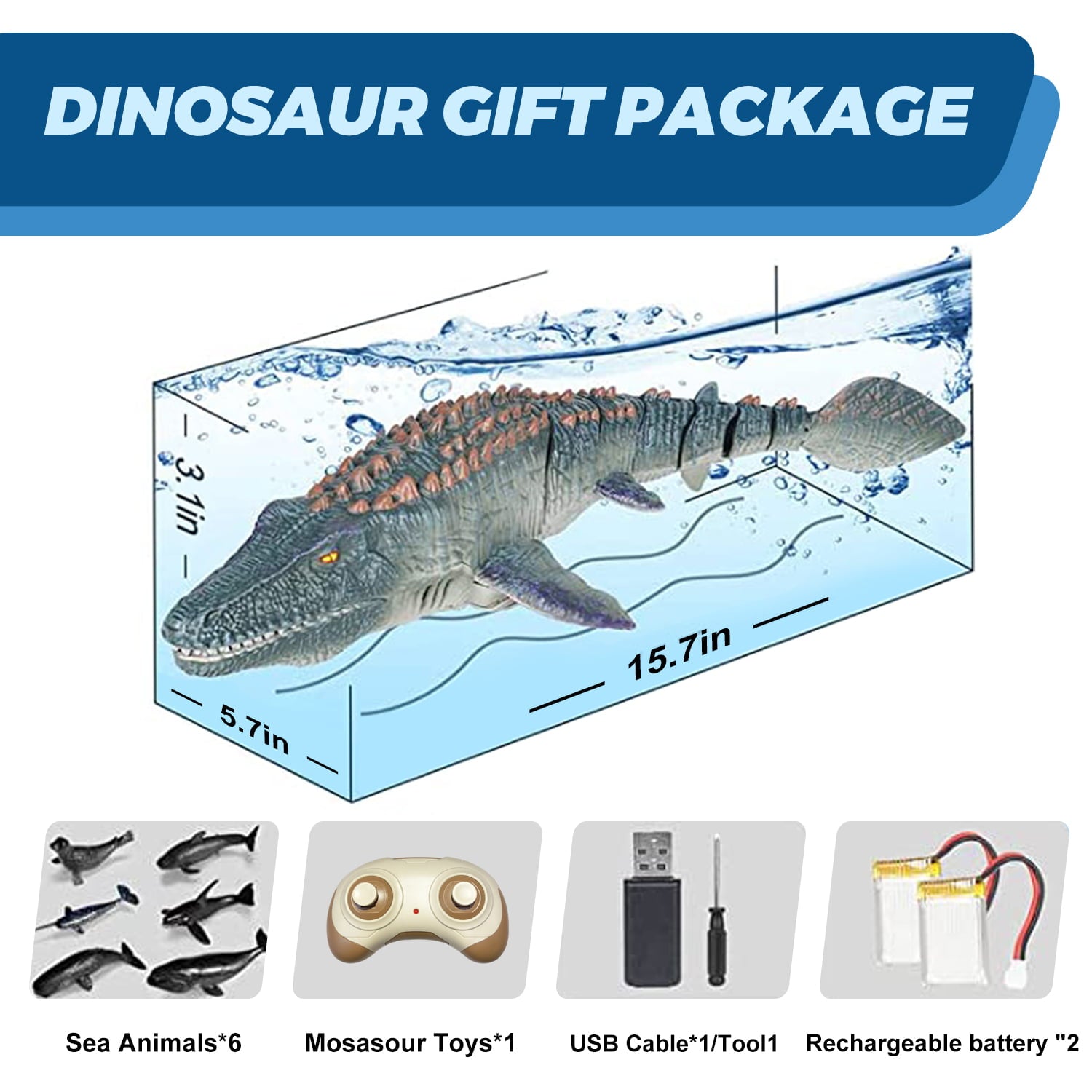 Richgv 2.4G Remote Control Dinosaur，RC Dino，Mosasaurus Toy，Kids Pool Toy，Dinosaur Toy for 3+ Year Old Boys，Water Toy，Christmas and Birthday Dinosaur Gift for Boys and Girls