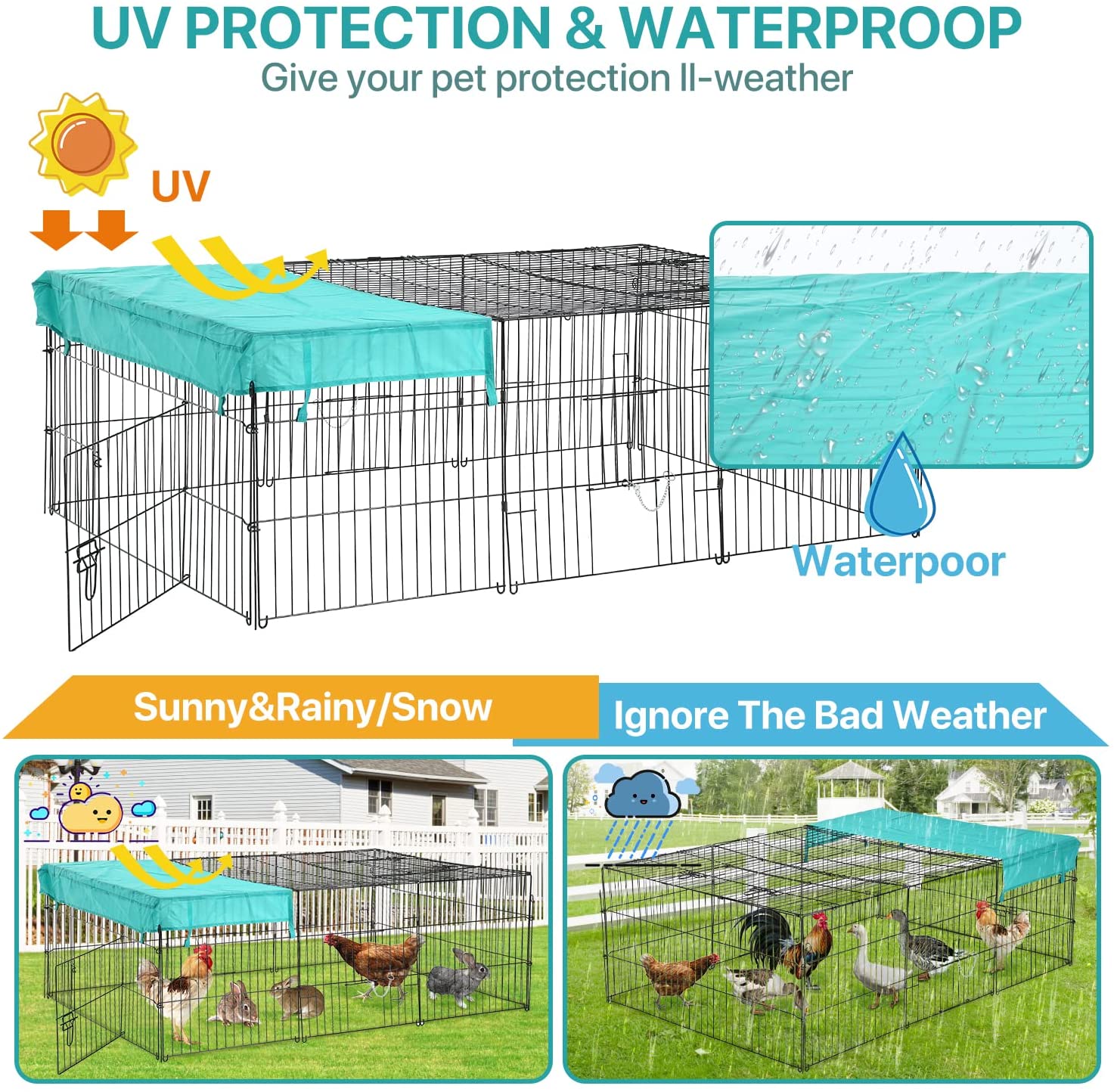 Dkeli Metal Chicken Coop Cage Walk-in Rabbit Enclosure Pen Outdoor Backyard Chicken Run Pen with Waterproof Cover for Rabbit Duck Hen， 72