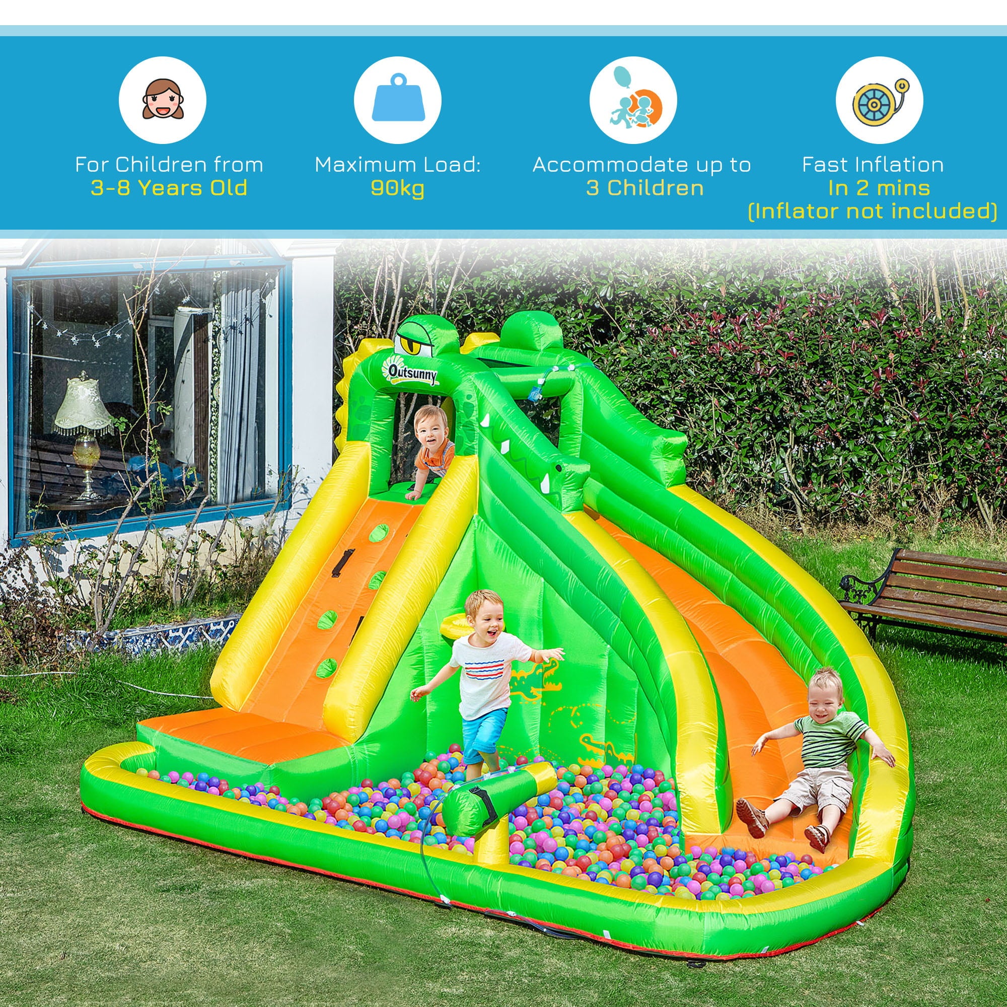 Outsunny 6 in 1 Inflatable Water Slide for Kids Backyard Water Park Castle Bounce House Extra Large Crocodile Style with Basket， Cannon， Pool， Climbing Wall， Slide and Carrybag Without Air Blower