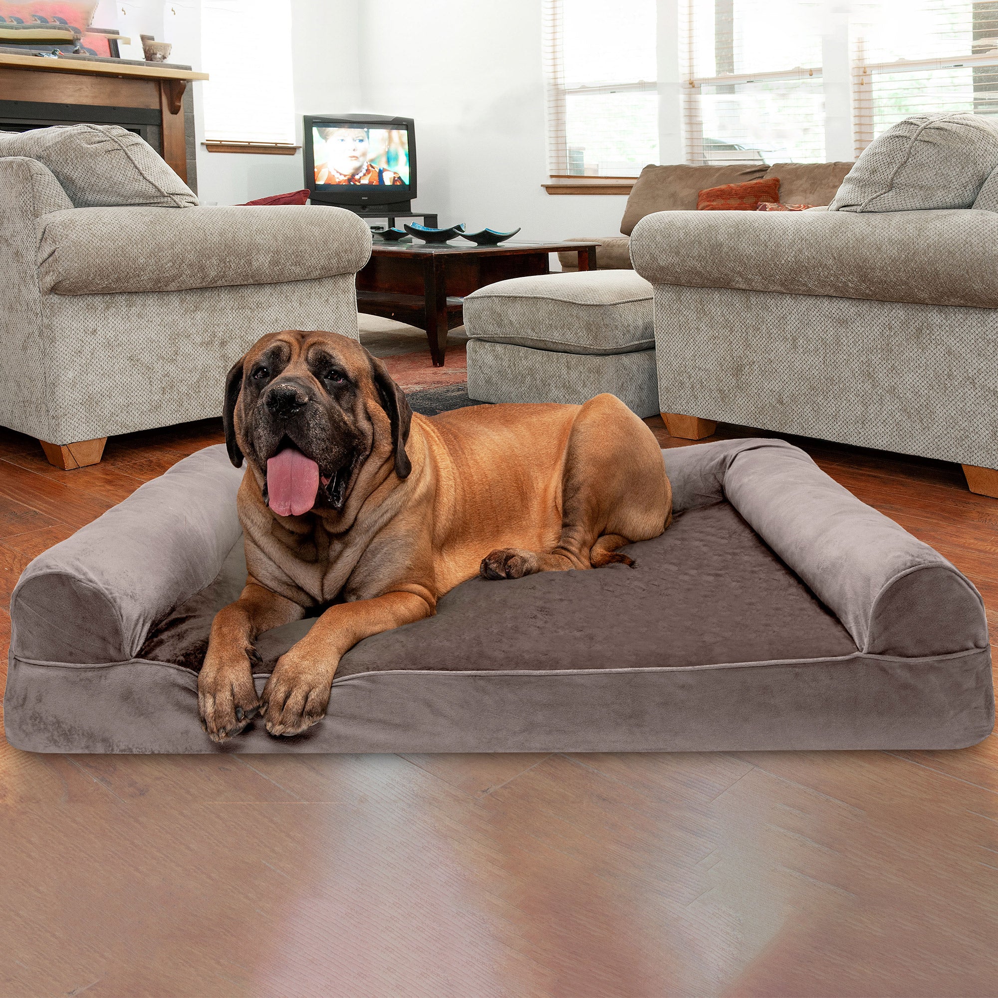 FurHaven | Orthopedic Faux Fur and Velvet Sofa Pet Bed for Dogs and Cats， Driftwood Brown， Jumbo Plus