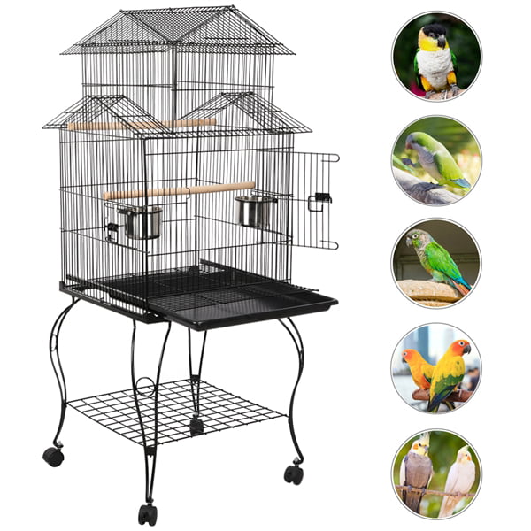 generic Triple Roof Rolling Bird Cage with Stand Perch， Large， Metal， Black
