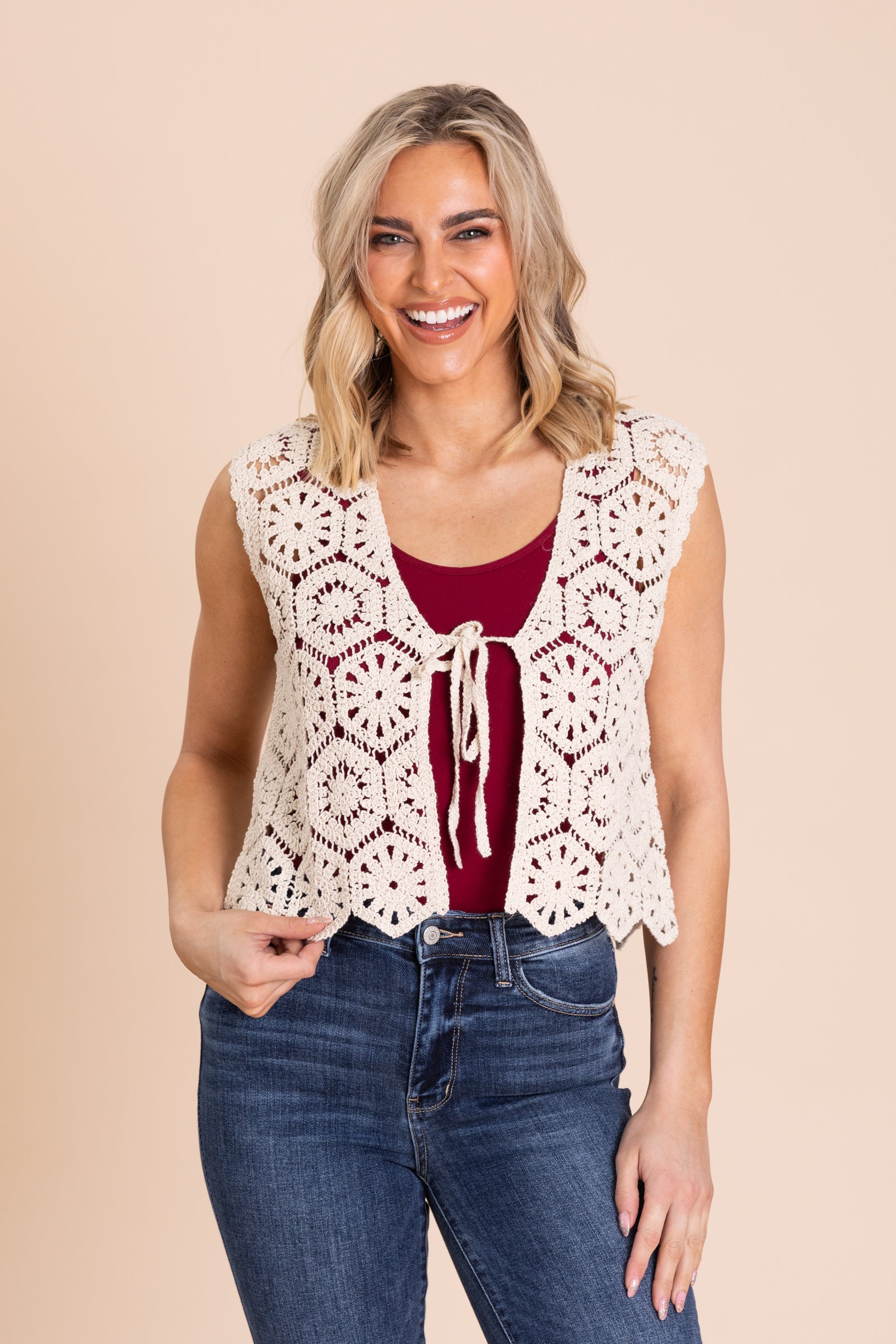 Light Beige Crochet Sleeveless Tie Vest