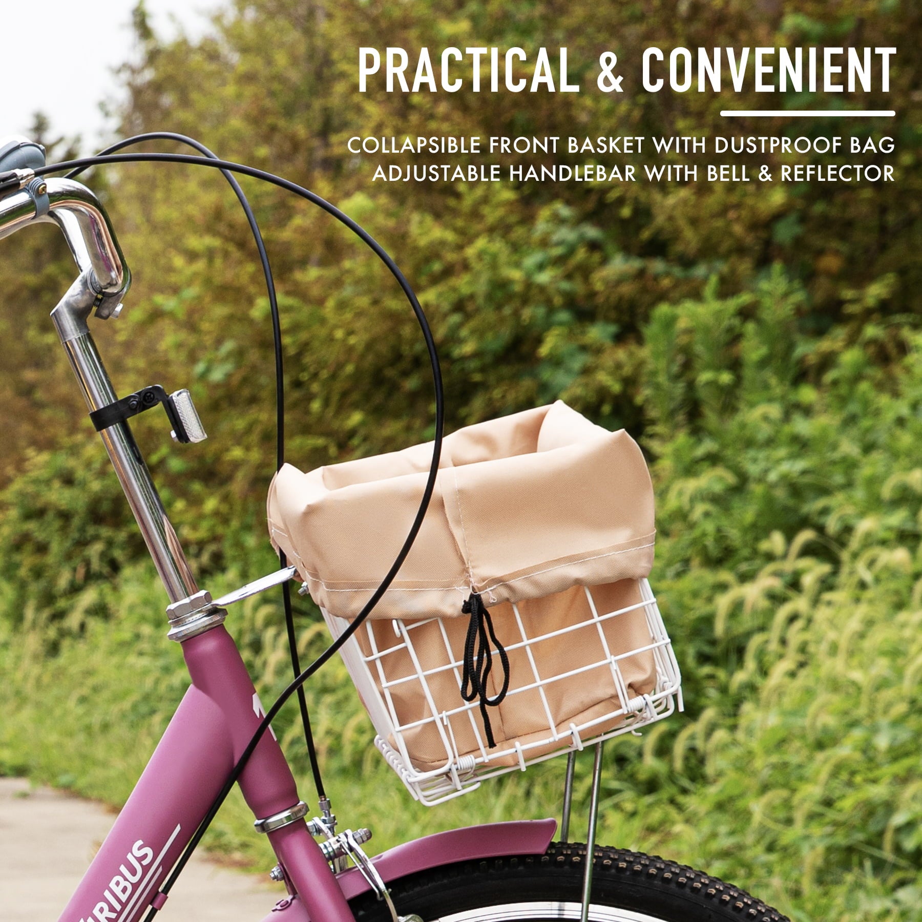 Viribus 26 Inch Single Speed Adult Tricycle，3 Wheel Cruiser Bike with Removable Wheeled Basket， Dustproof Bag， Lights and Bell for Cycling Shopping， Picnic， Hybrid Beach Trike for Men and Women， Purple