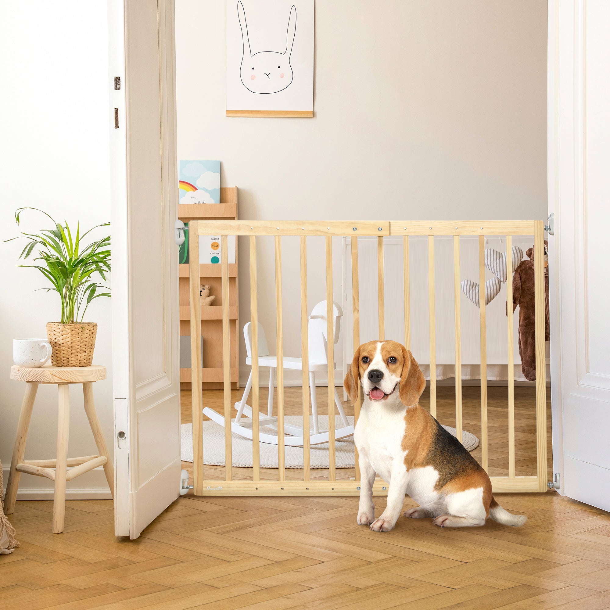 PawHut Double-Sealing Easy-Open Retractable Dog Gate for Stairs， Hallways， and Doorways， Medium Wooden Dog Gate， Walk Through Pet Gate for Small Dogs