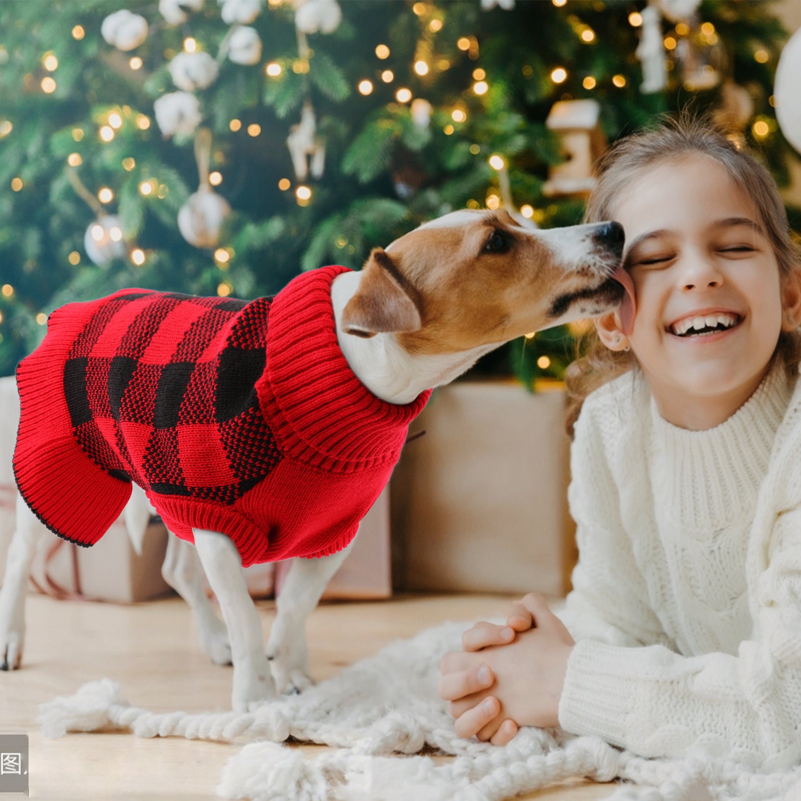 QBLEEV Pet Dog Sweaters Dress for Small Medium Dogs，Dog Knitwear Warm Turtleneck Pullover Puppy Sweater，Cute Pet Plaid Vest Dress with Leash Hole， Cozy Pet Fall Winter Clothes Christmas Apparel