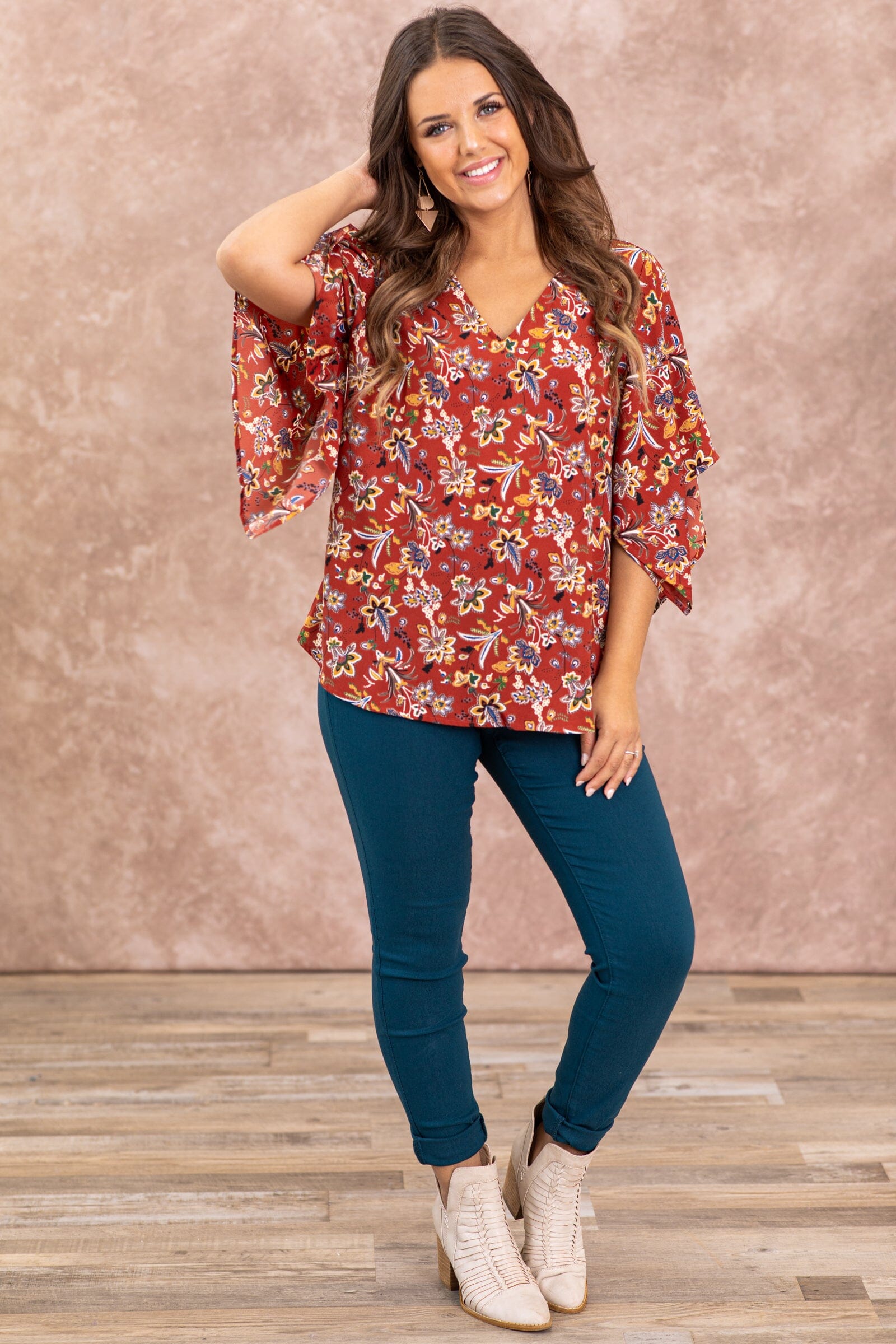 Maroon Floral Print Dolman Sleeve Top