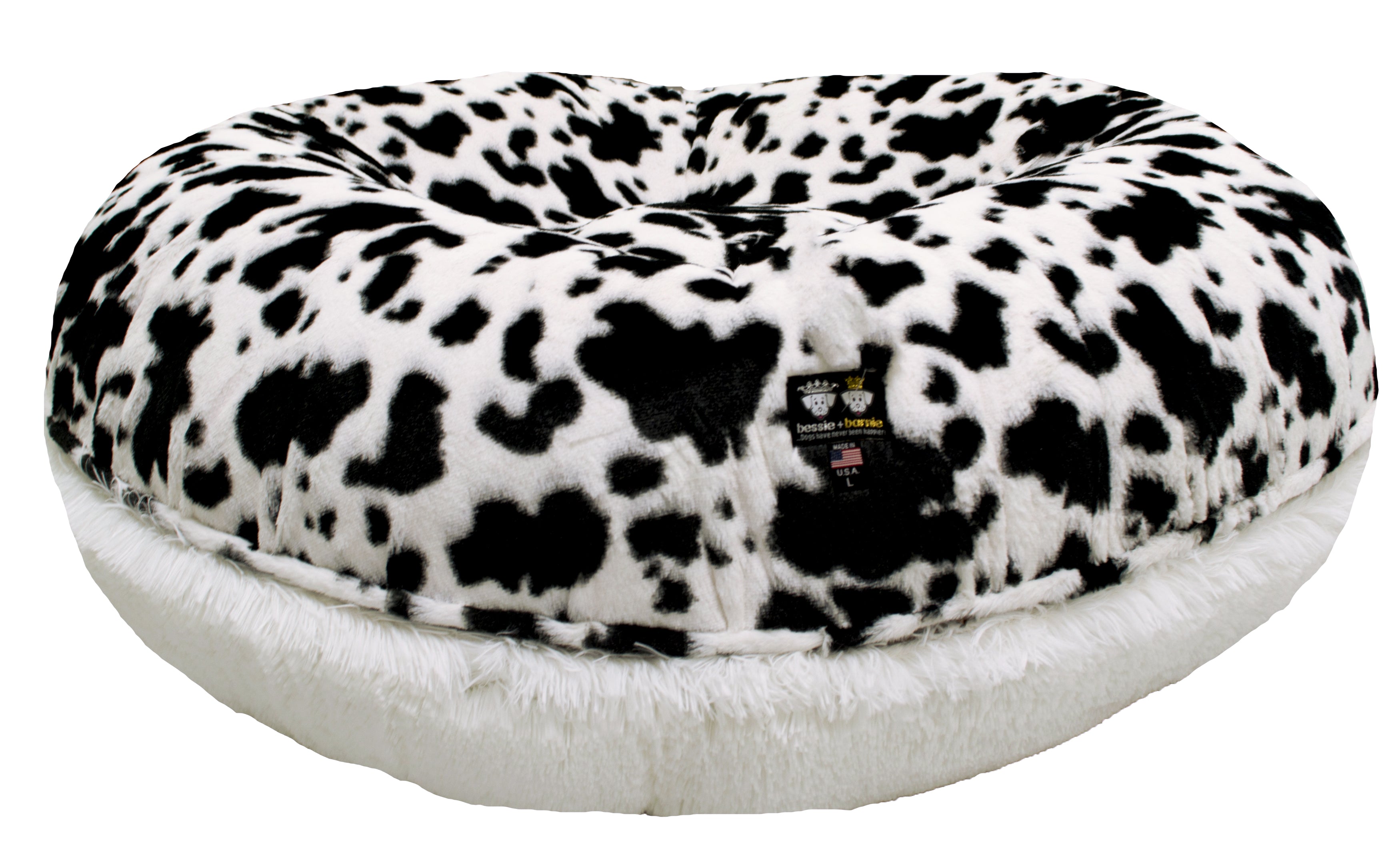 Bessie and Barnie Signature Spotted Pony / Snow White Luxury Shag Extra Plush Faux Fur Bagel Pet/ Dog Bed