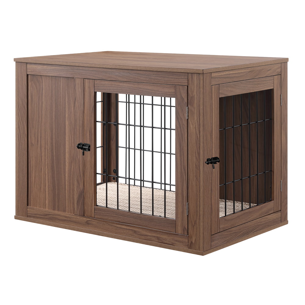 Unipaws Dog Crate End Table with Cushion， Wooden Wire Pet Kennels with Double Doors， Modern Design Dog House， Chew-Proof， Walnut