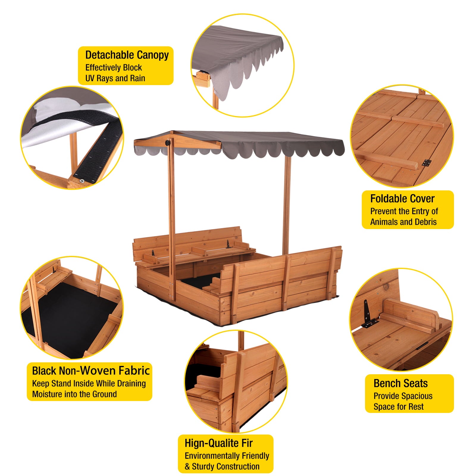 Morgete 47'' Outdoor Sandbox for Kids with Lid and Bench， Wooden Sand Play Toys Center