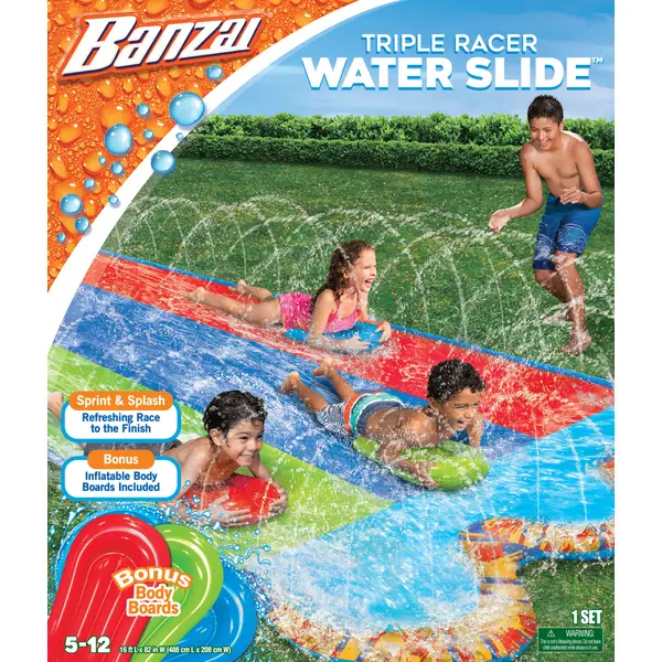 Banzai 16ft Long Triple Racer Water Slide with 3 Body Boards