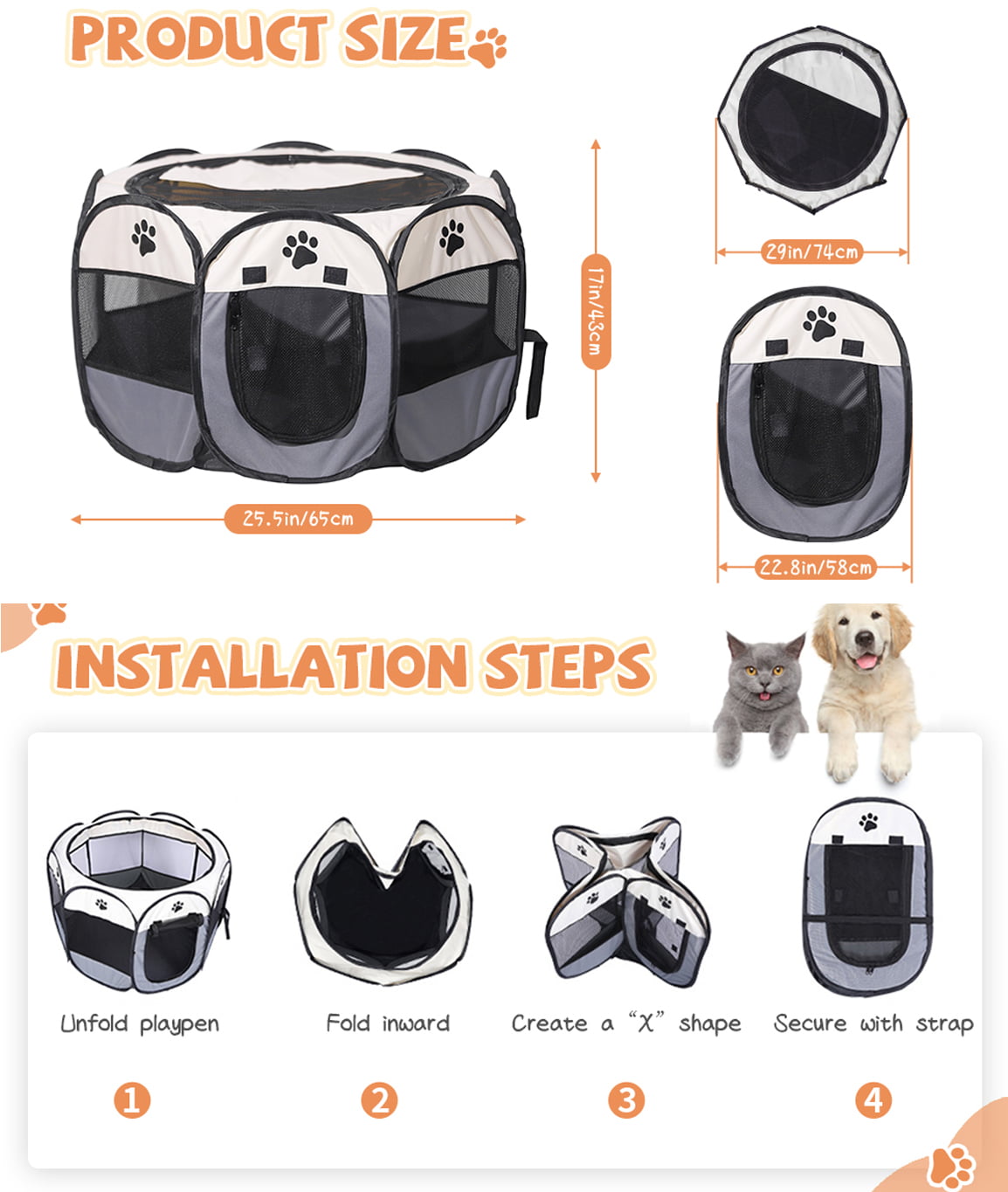Portable Dog Playpen Puppy Playpen Indooor，Dog Pen Indoor Outdoor Foldable Cat Playpen Dog Playpen for Small Dogs Play Pens for Puppys Outdoor Cat Playpen， White and Gray