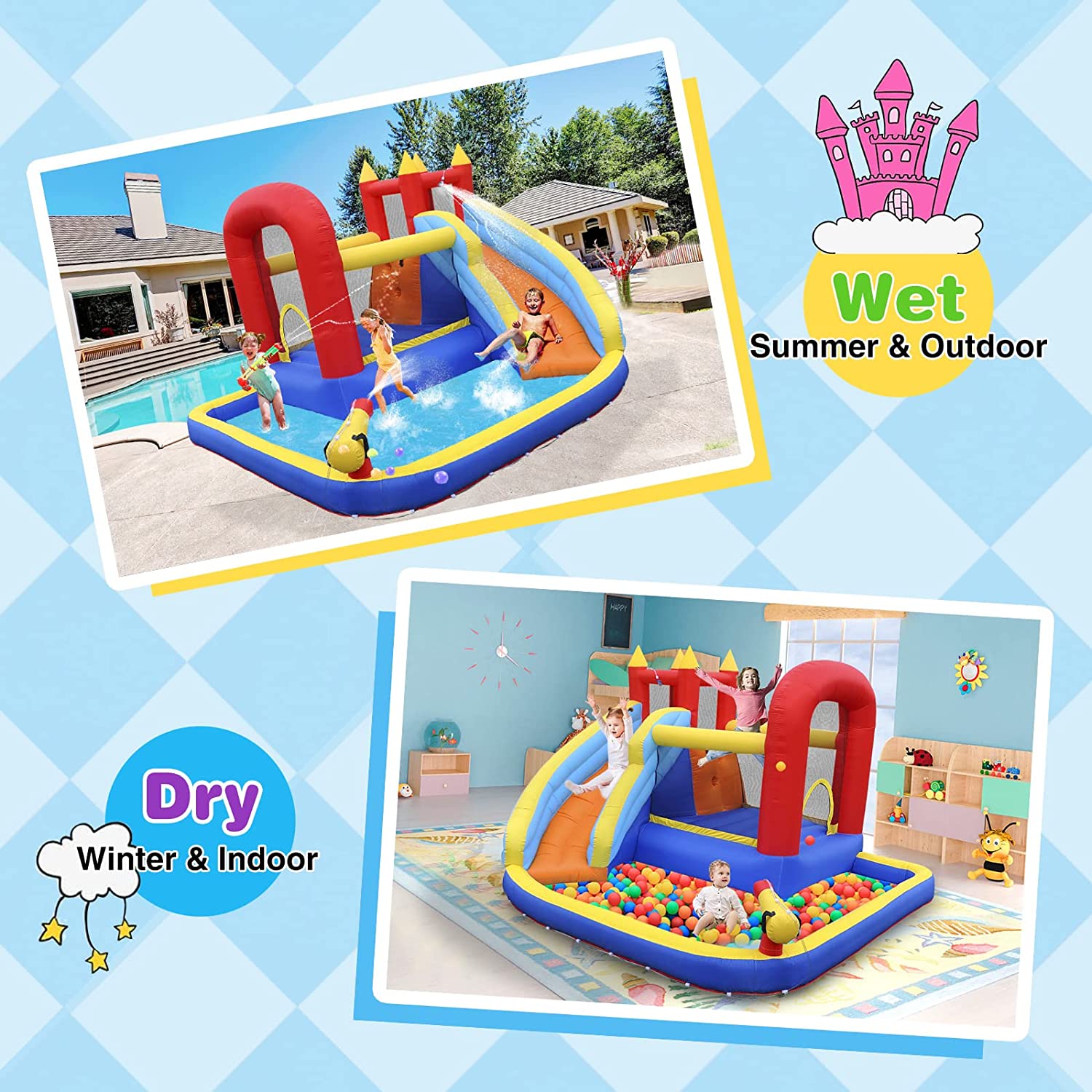 Track 7 Inflatable Water Slide for Kids，Inflatable Bounce House with Waterslide Park，Jumper Slide Playhouse with Splash Pool，Water Cannon，Climbing Wall，Air Blower，Jumping Bouncer for Backyard Outdoor