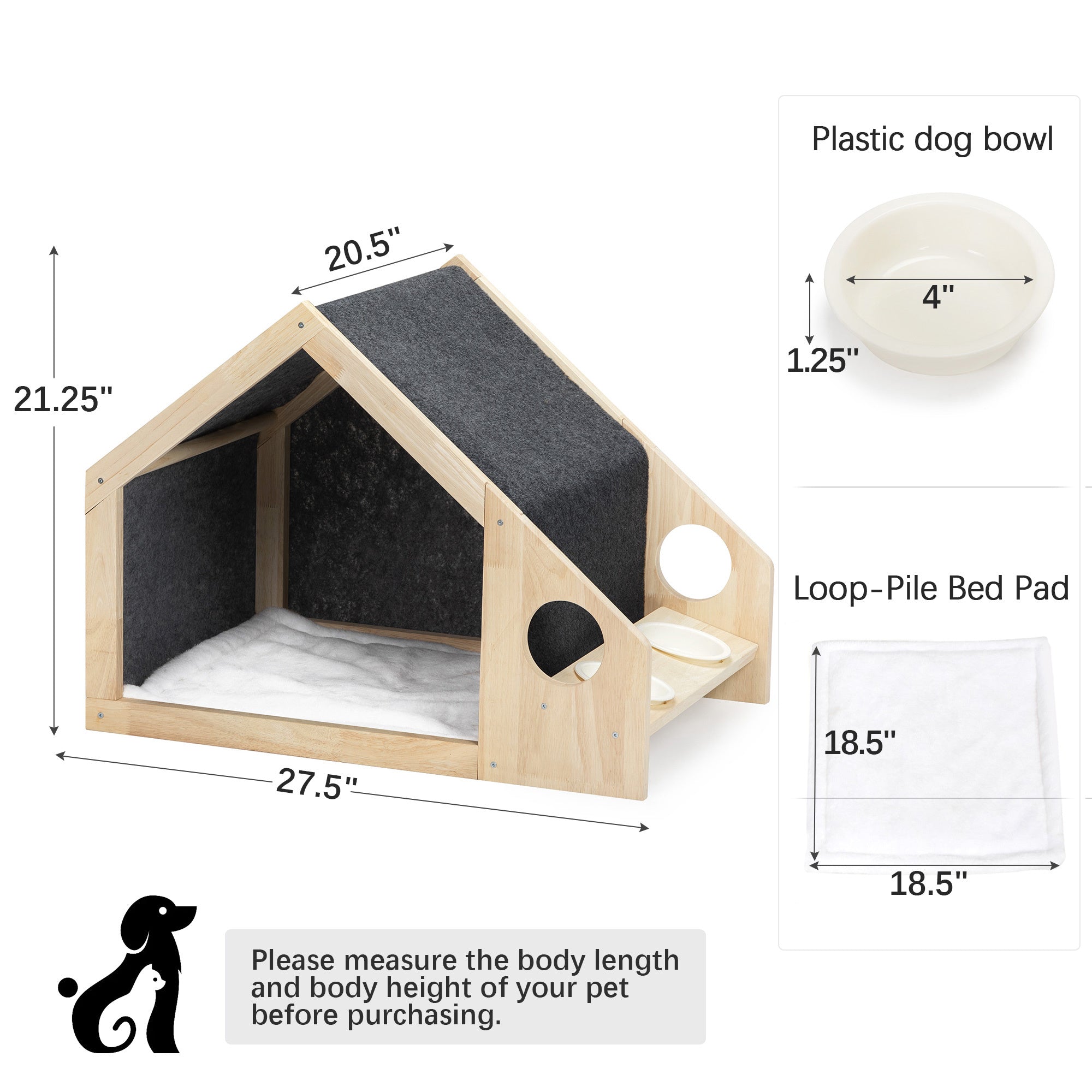 2-In-1 Wood Dog House Indoor; Cabin Dog Kennel with Cushioned Bed; Cover Scratcher; Feeding Bowls; Pet Habitat for Cats; Small and Medium Dogs; Natural and Gray
