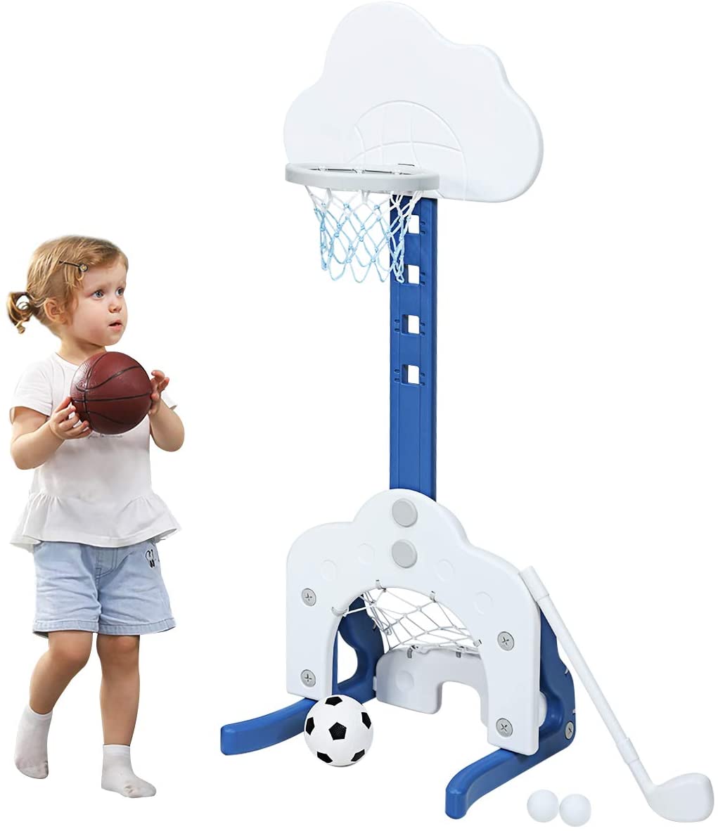 Kids Basketball Hoop， Toddler Sports Activity Center w/ 5 Adjustable Height Levels， Basketball Soccer Golf Game Set， Indoor Outdoor Basketball Hoop Set Best Gift for Baby Infant