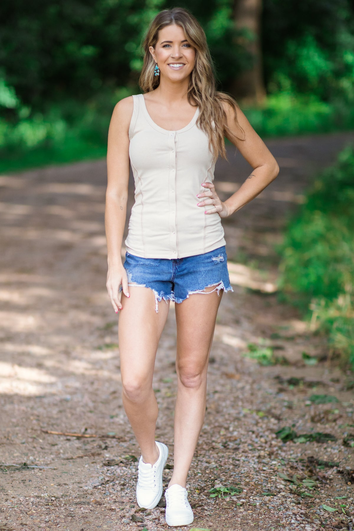 Beige Fitted Tank With Snap Buttons