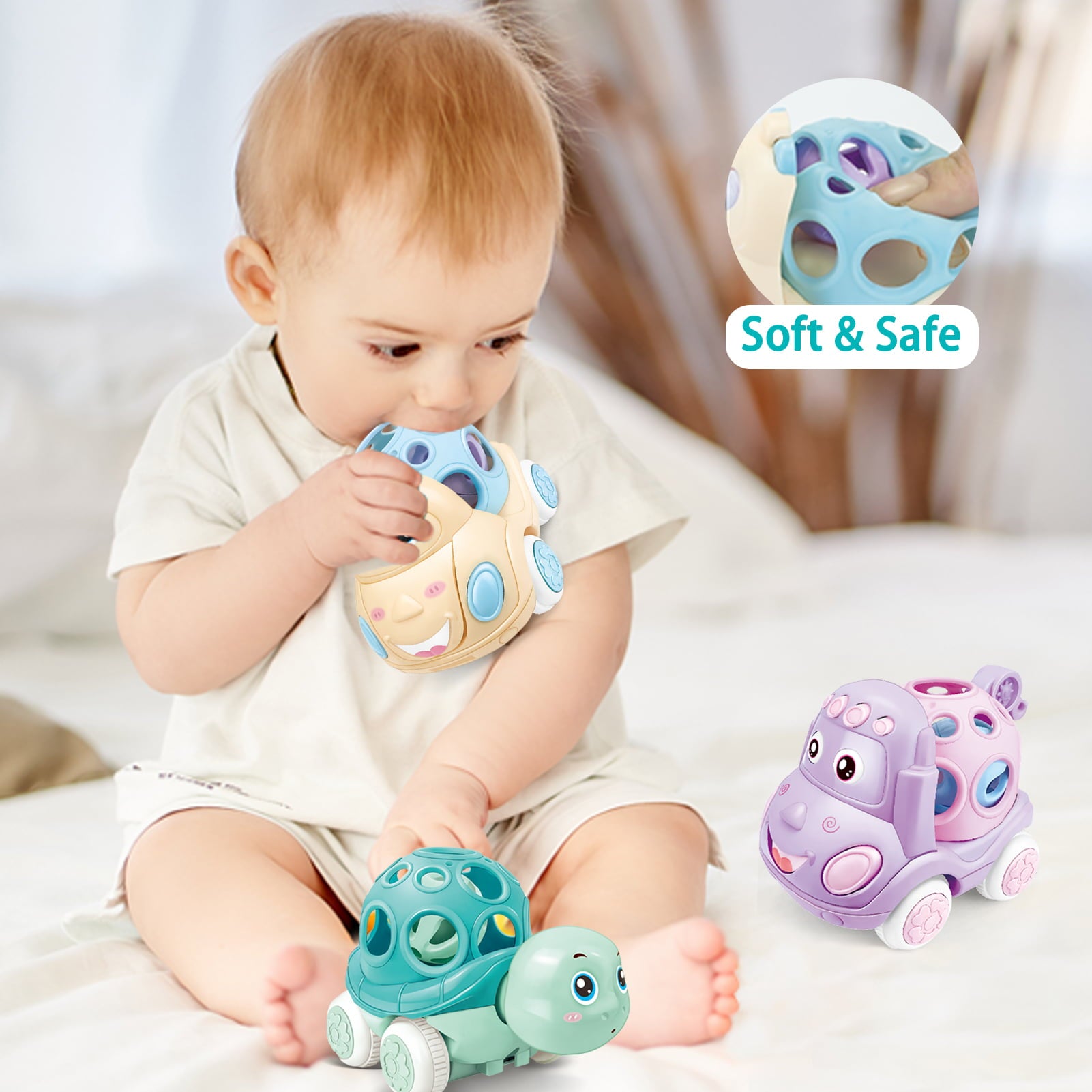 Baby Toy Cars for 1 Year Old， Toddler Soft Trucks Rattle Infant Toy 6-12 Months Boy Girl， 3 Pack Friction Powered Vehicle First Birthday for Kids