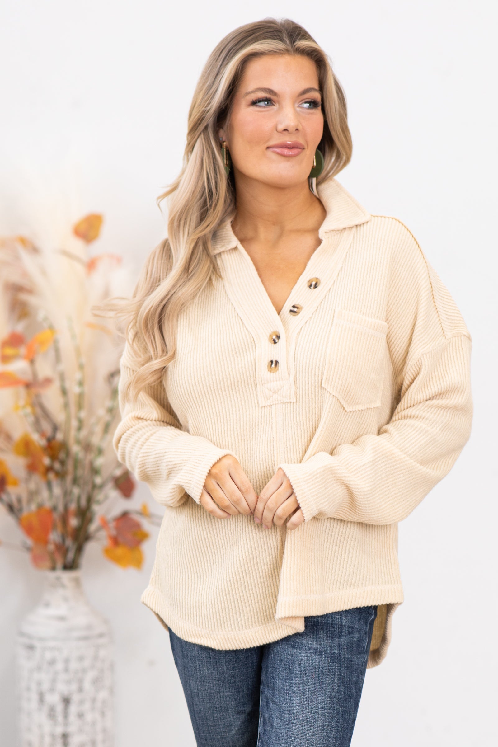 Beige Rib Knit Top With Collar
