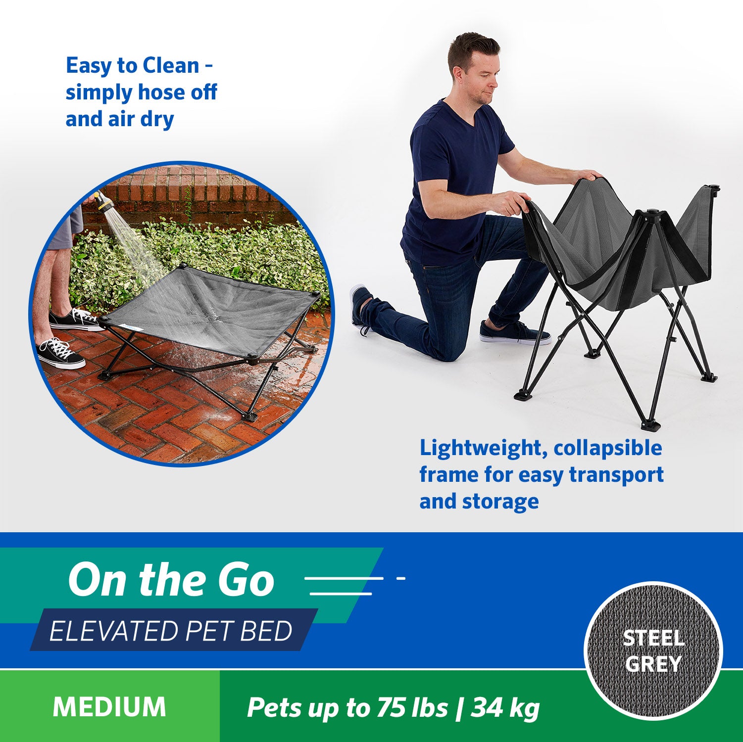 Coolaroo On the Go Elevated Travel Dog Bed， Medium， Steel Gray