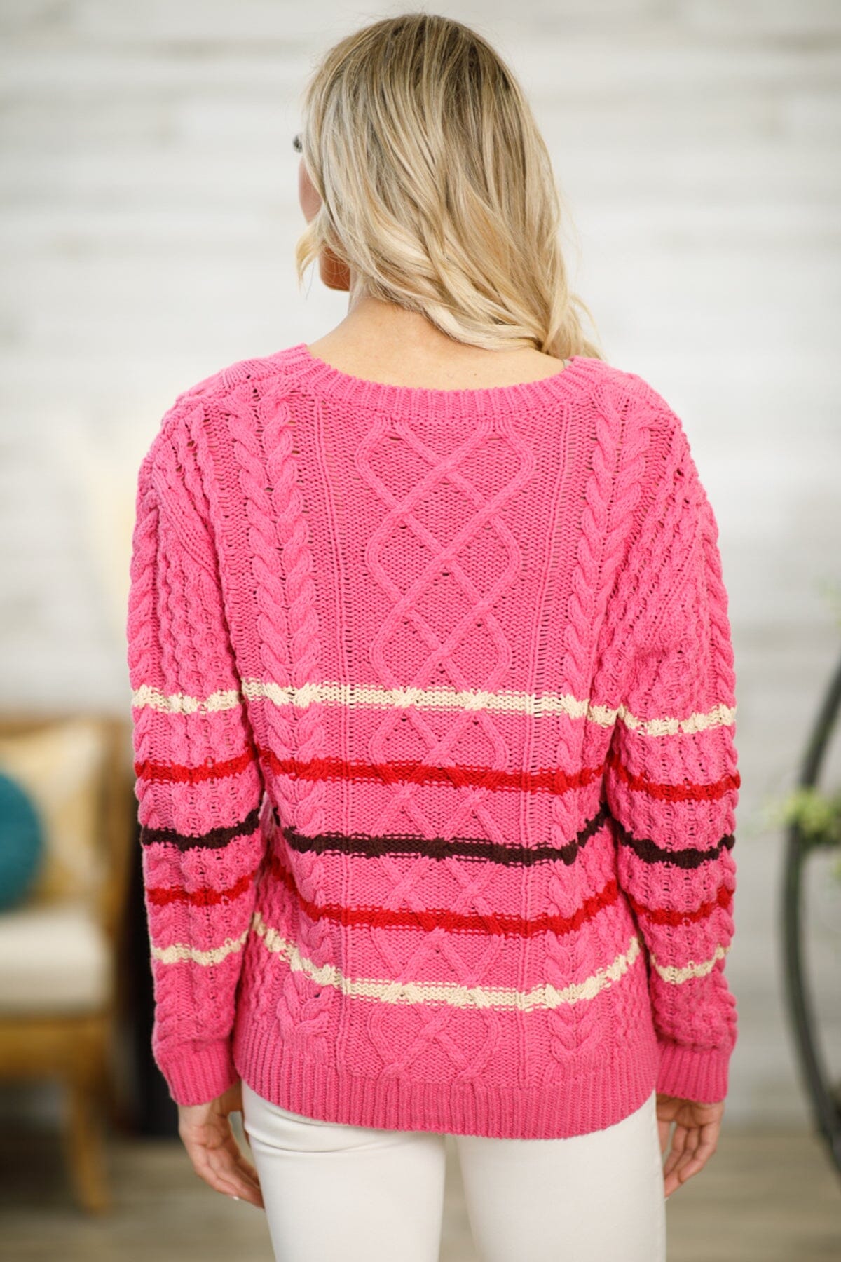 Pink Multicolor Stripe Cable Knit Sweater