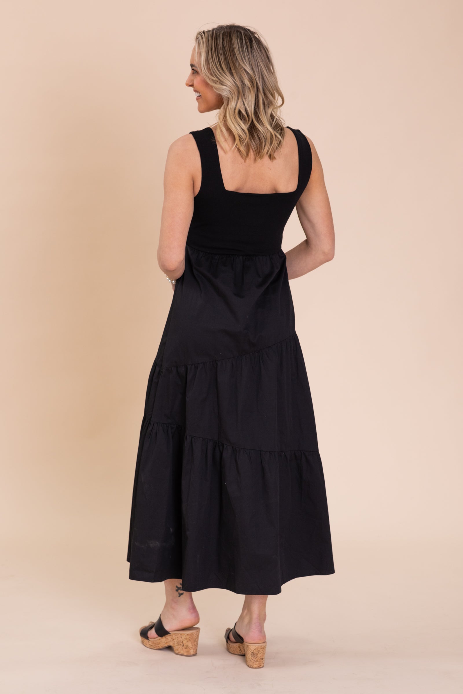 Black Tiered Mix Media Square Neck Maxi Dress