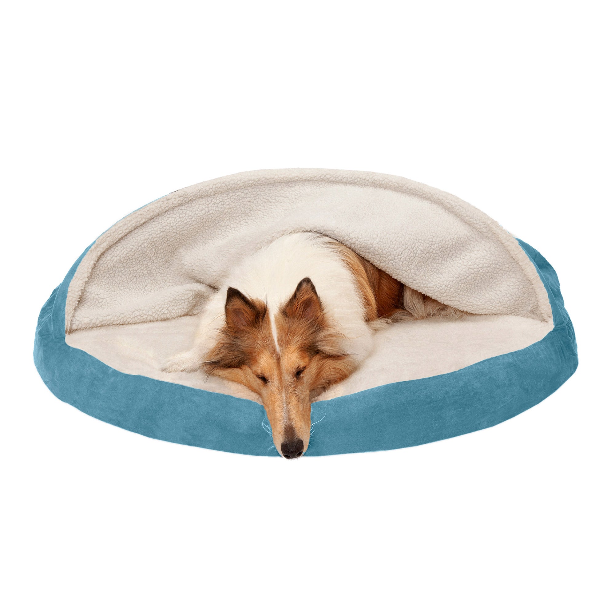 FurHaven Pet Products Orthopedic Faux Sheepskin Snuggery Burrow Pet Bed for Dogs and Cats， Blue， 44