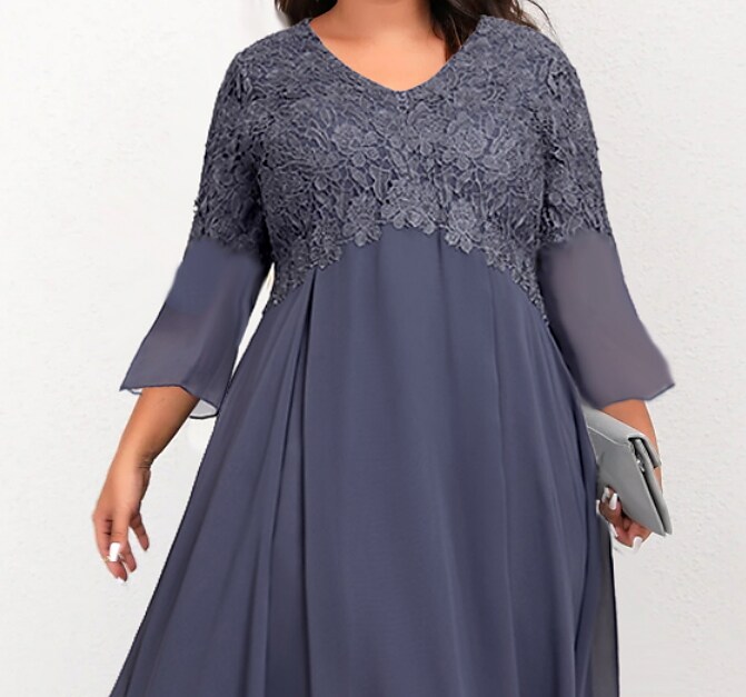 Women's Plus Size Lace Dress Pure Color V Neck 3/4 Length Sleeve Fall Winter Stylish Casual Maxi long Dress Daily Weekend Dress