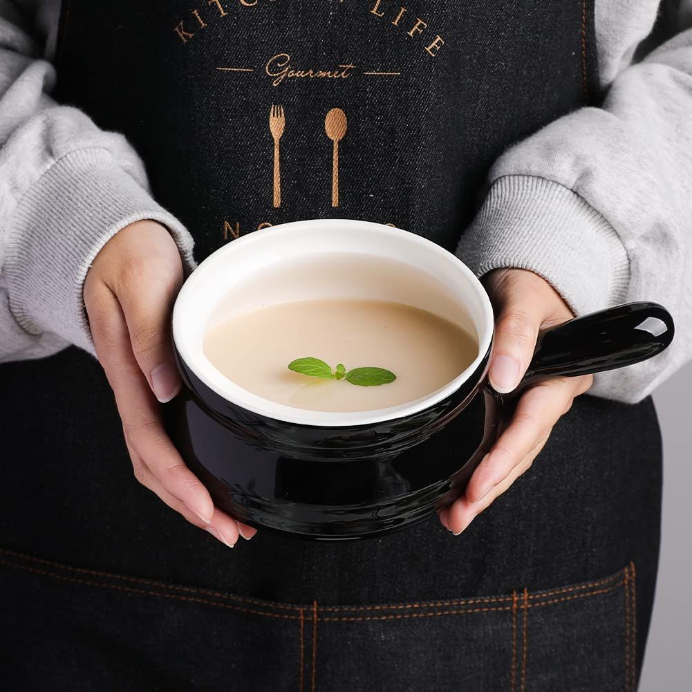 SWEEJAR Porcelain Soup Bowls with Handle， 22 OZ Ceramic Serving Crocks for French Onion Soup， Pumpkin Soup， Oatmeal， Stew， Dishwasher and Microwave Safe， Set of 4，Black
