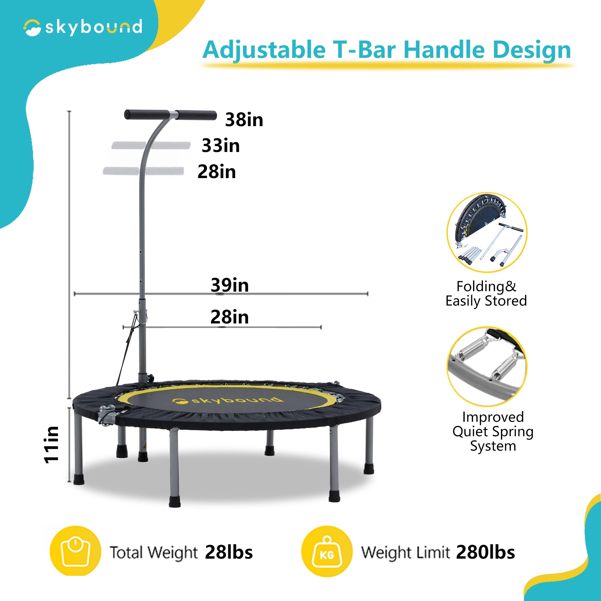 SkyBound Boogie Bounce Foldable Mini Trampoline 39 Inch， in-Home Cardio Fitness Rebounder with Adjustable T-Bar Handle，Exercise Trampoline for Adult， Fitness Trampoline for Workout Trainer