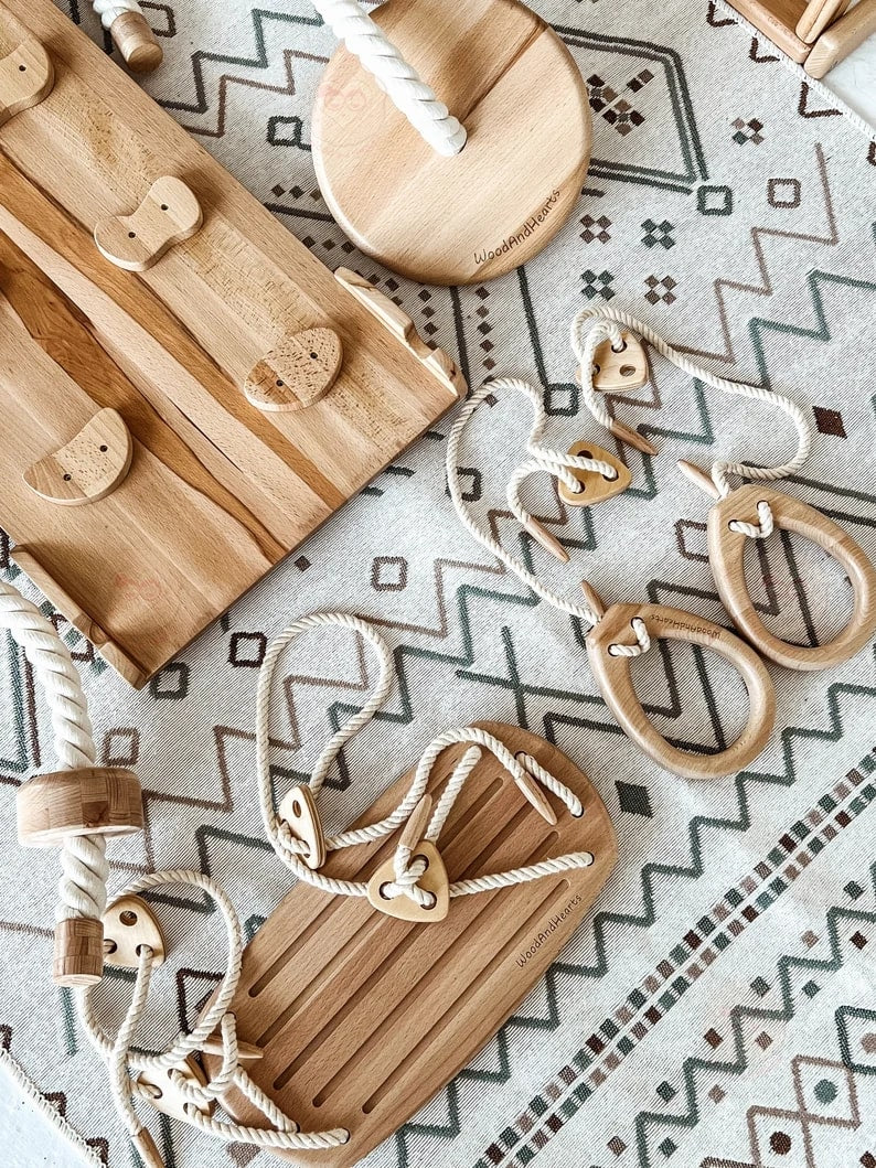 Woodandhearts Scandinavian Play Complex: Swedish Stepladder， Rocking Ramp， Climbing Rope， Monkey Bars， Gymnastic rings， Kid Swing， Play Mat， Jungle Gym， Wooden Natural color， for Kids 1-4 years