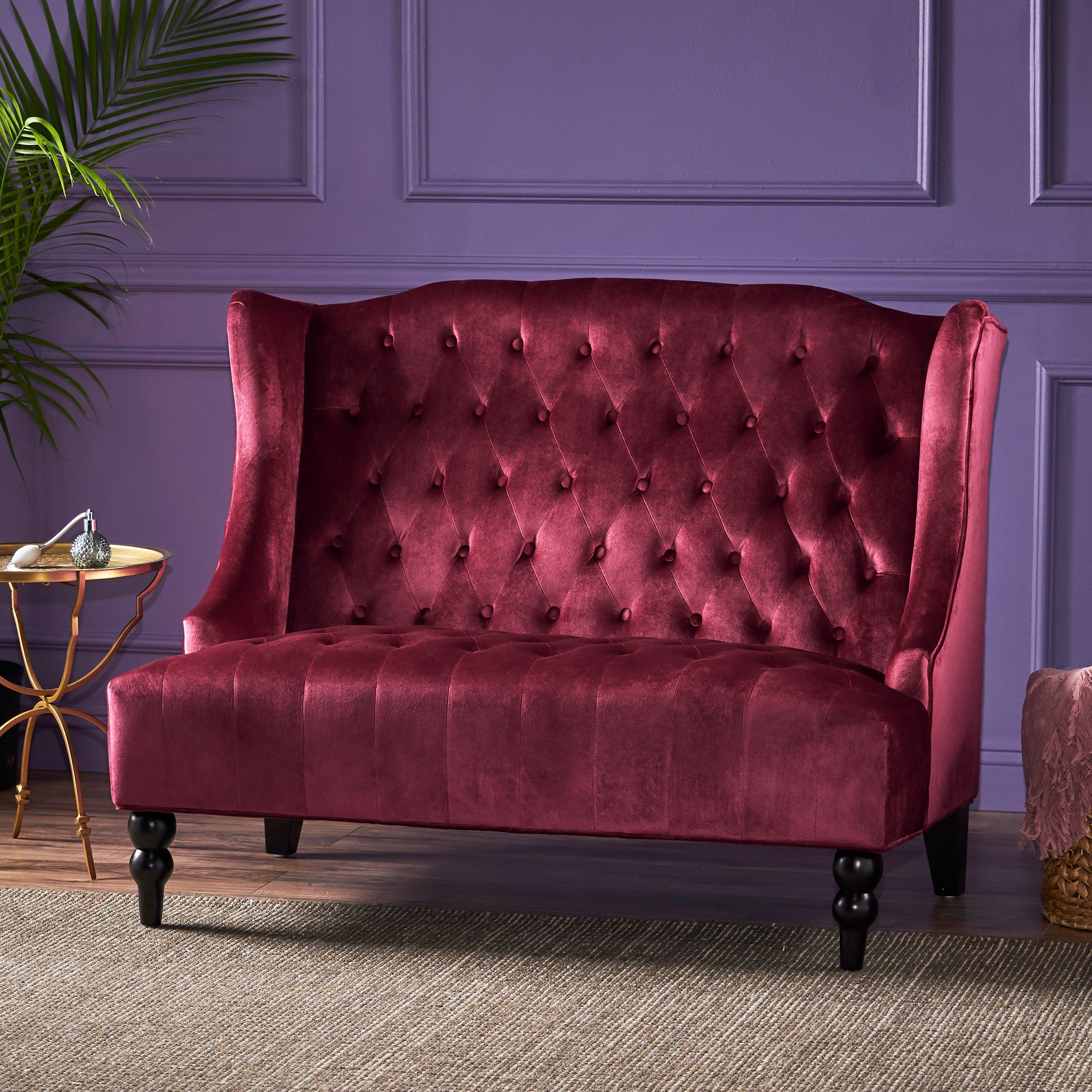 Leona French Style High Back Tufted Winged Velvet Loveseat