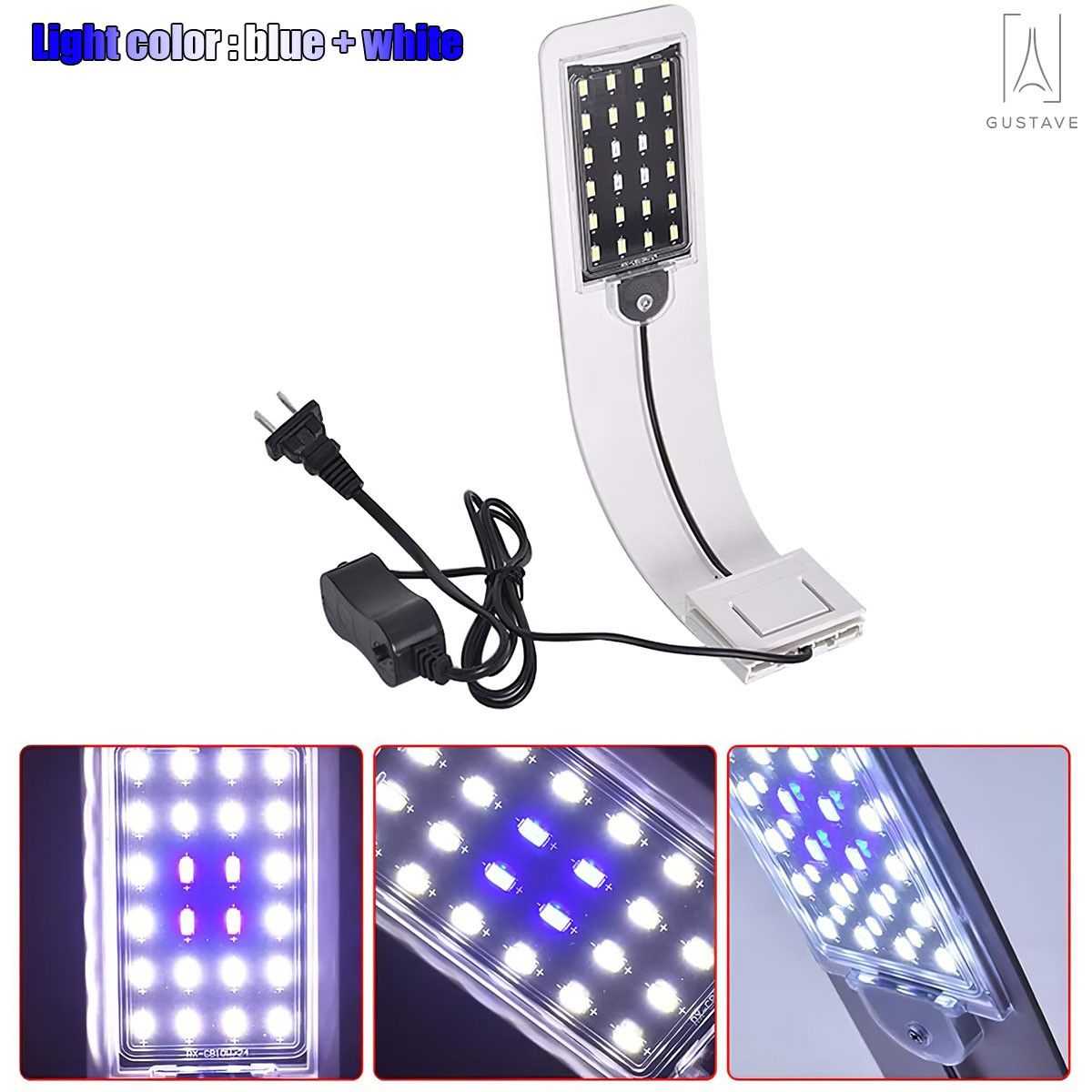 Gustave 10W Super Slim Aquarium LED Light Clip-on Lamp For Fish Tank， Aquatic Plant Lighting -White and Blue Light