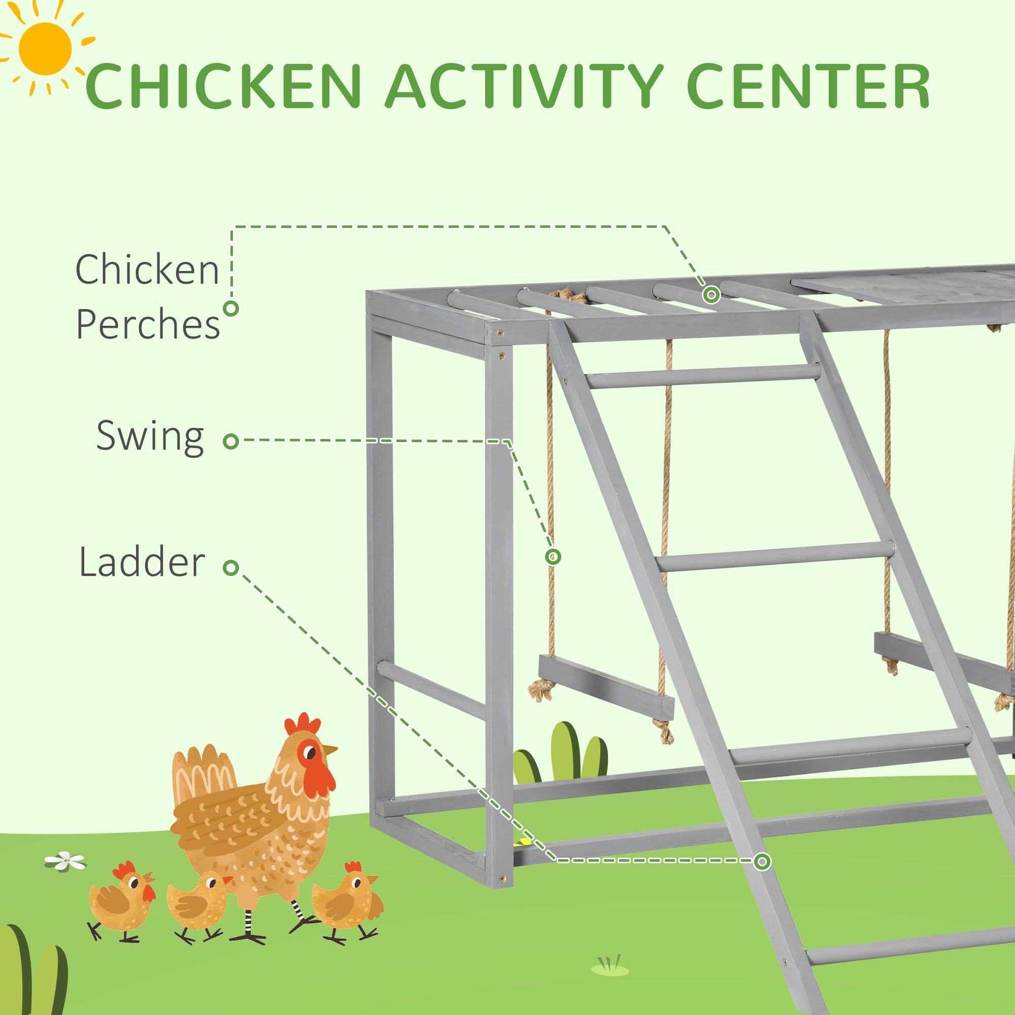 PawHut Chicken Activity Play with Swing Set for 3-4 Birds， Wooden Chicken Coop Accessory with Multiple Chicken Perches and Hen Ladder