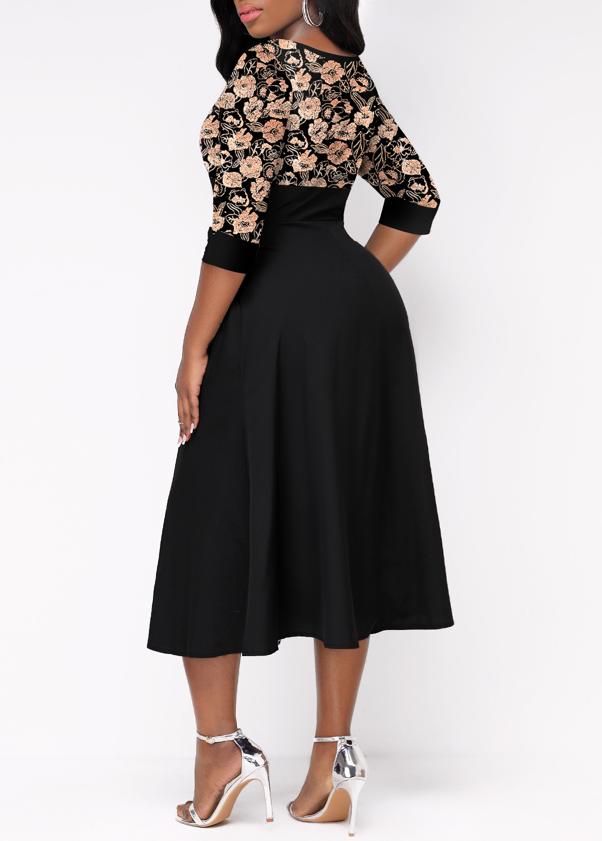Random Floral Print Button Black Split Neck Dress