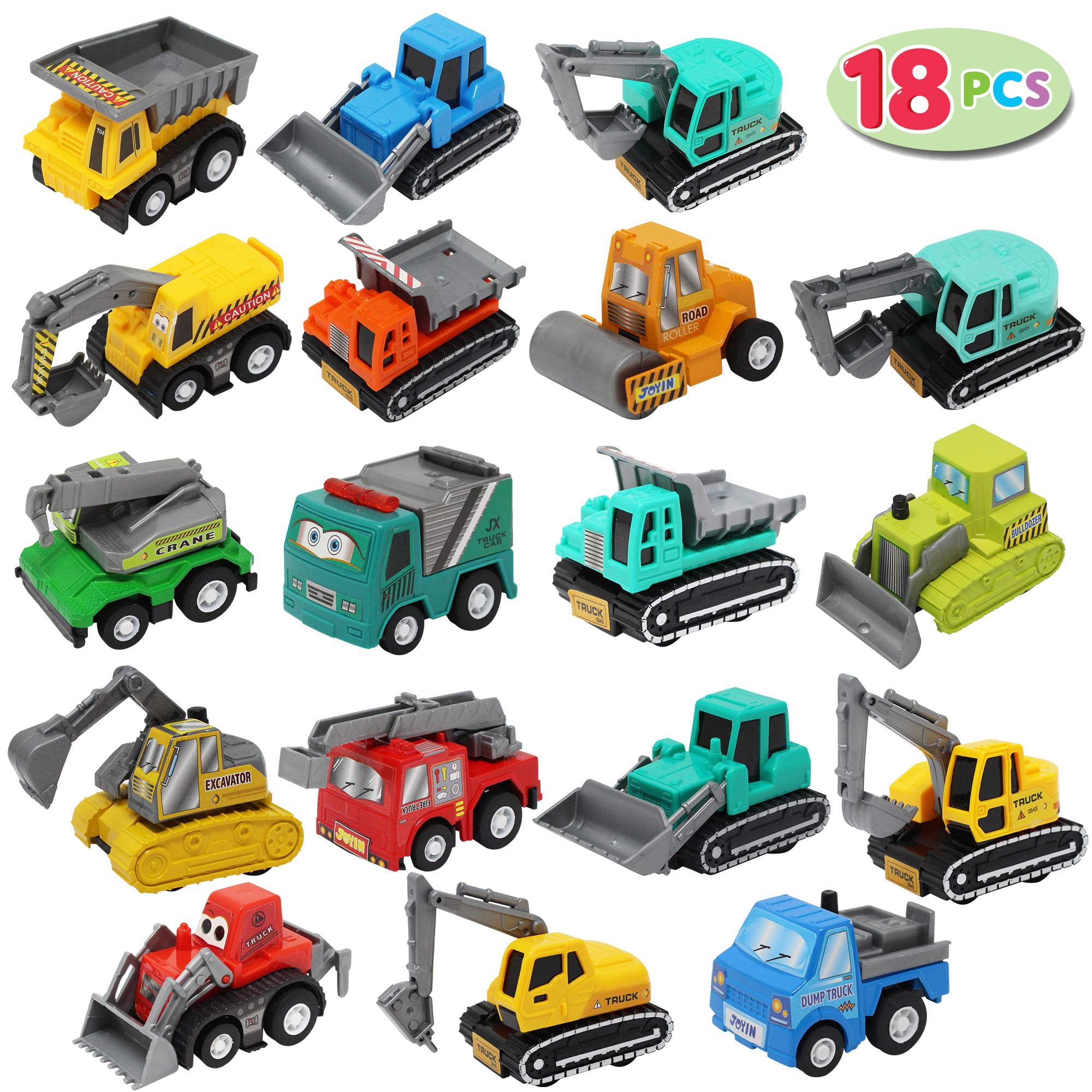 JOYIN 18 PCS Pull Back Car Assorted Mini Truck Model Car， Friction Powered Race Cars Vehicle Set for Toddlers， Boys， and Girls’ Educational Pretend Play