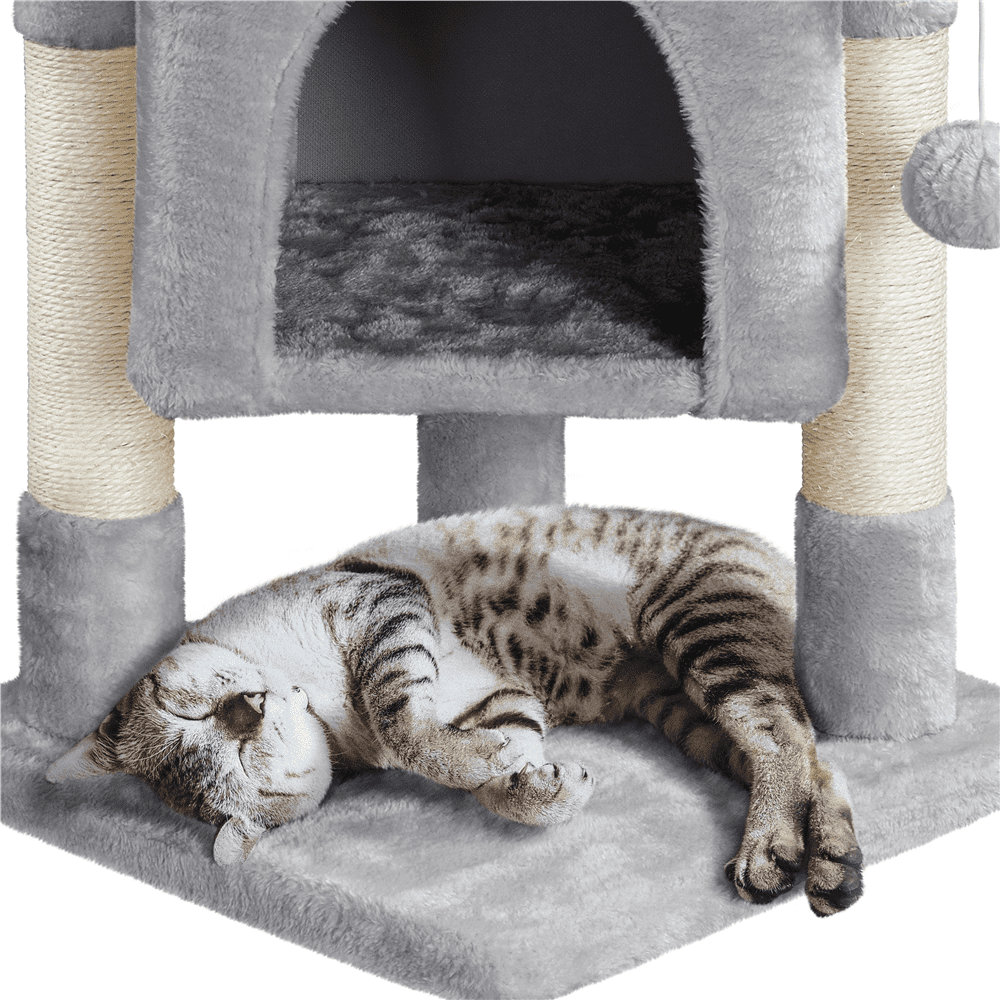 Easyfashion 2-Level Cat Tree Kitten Condo House with Plush Perch， Light Gray