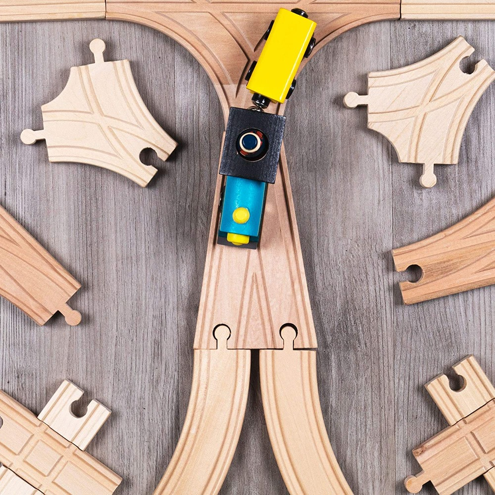 Switch Track Wooden Train Set (18 pcs.) - 8 Way Turntable Rail Station Accessory， Curved Switch Tracks， Basic and Advanced Pieces - Expansion Compatible with All Major Classic Toy Train Hobby Brands