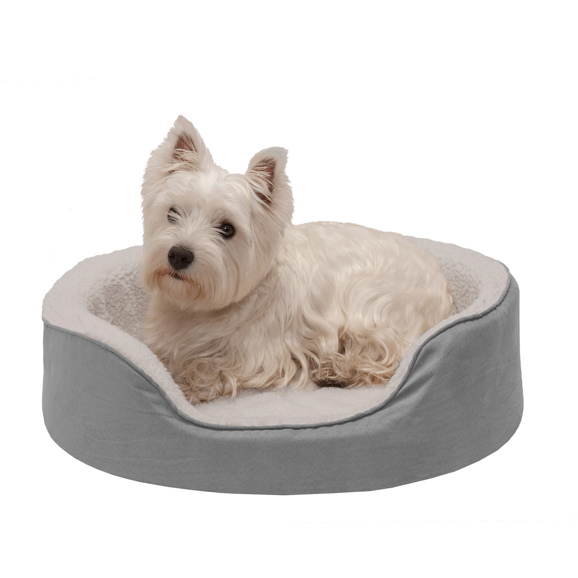 FurHaven | Orthopedic Faux Sheepskin and Suede Oval Pet Bed for Dogs and Cats， Gray， Medium