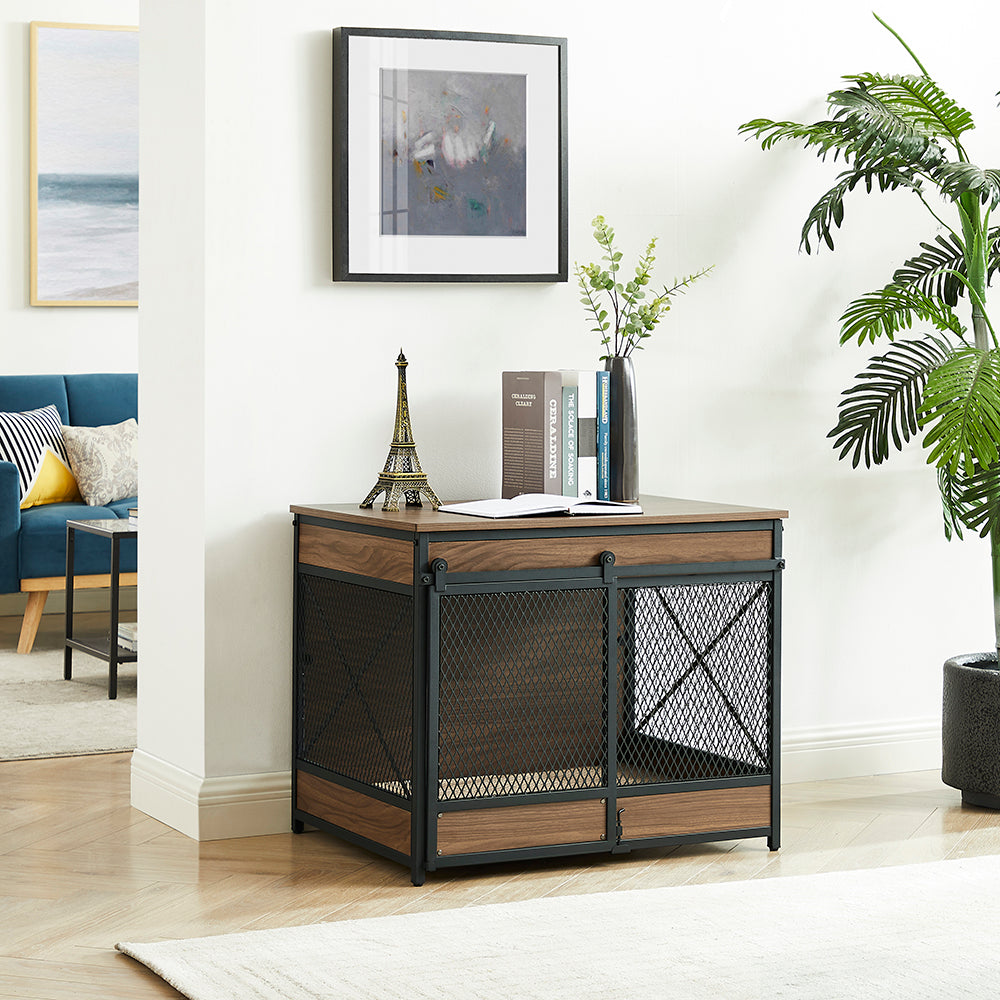 Unipaws Furniture Style Dog Crate， Wooden Mesh Pet Kennels with Cushion and Hooks， Dog House Indoor Use， Walnut