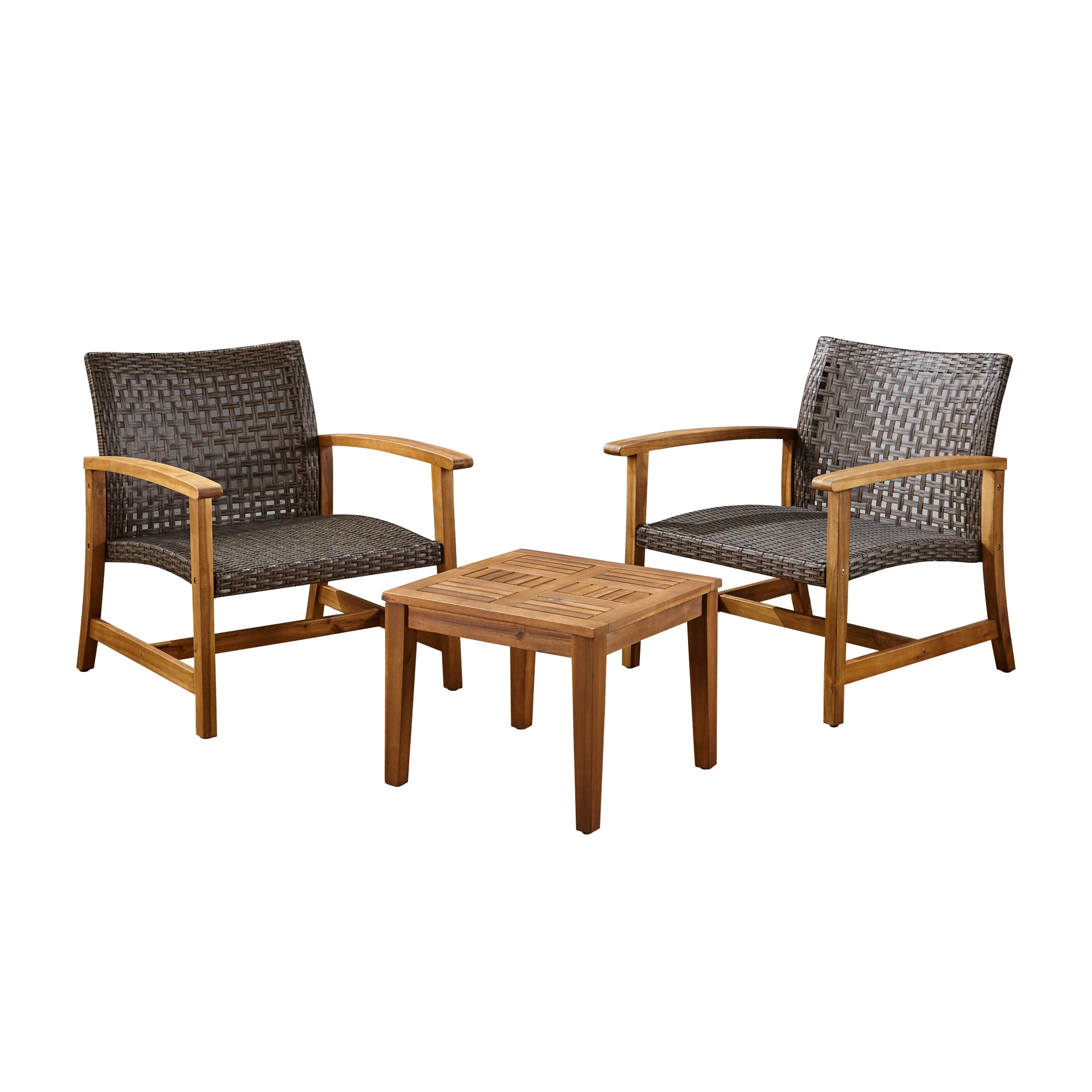Alyssa Outdoor 3 Piece Wood and Wicker Club Chairs and Side Table Set